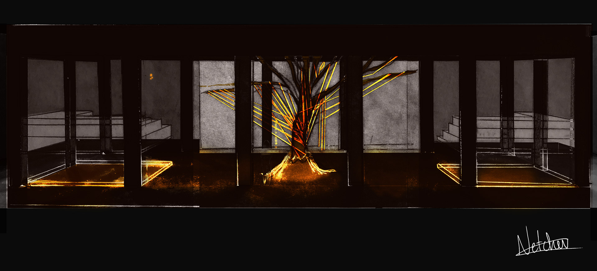 In a fit of rage the narrator strangles the tree with the tubes