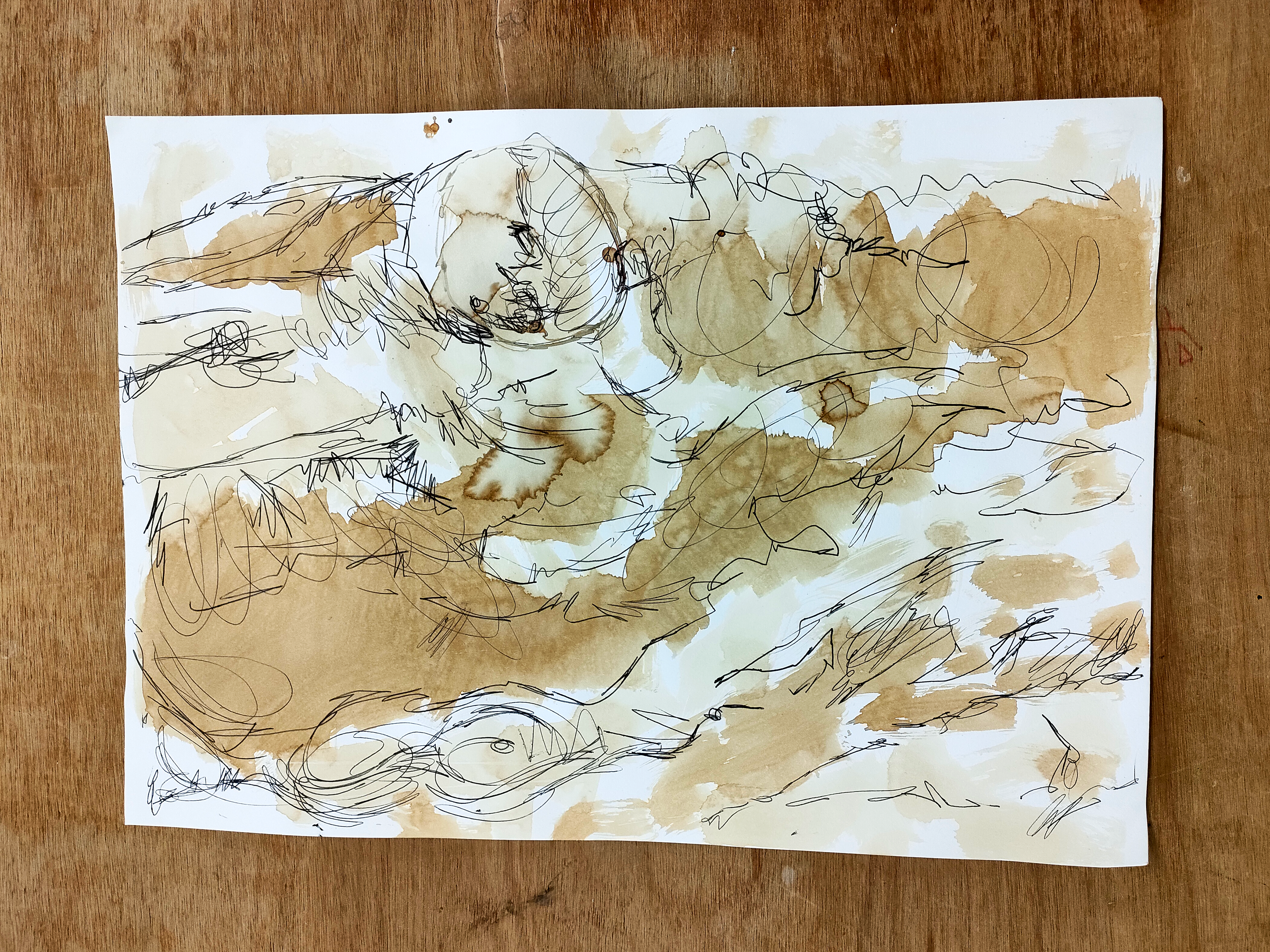 coffee stains, black biro