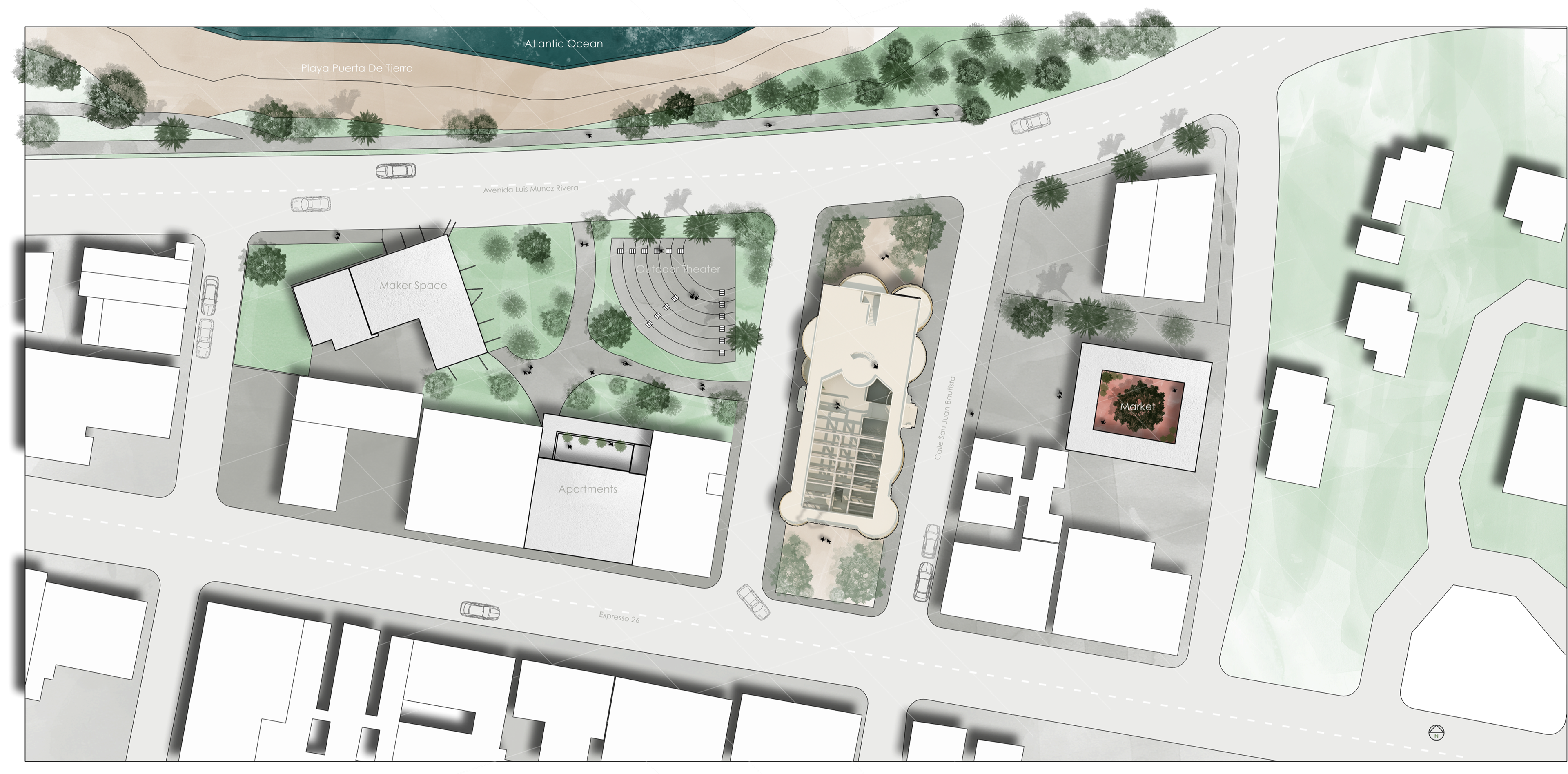 Colored Plan of the Site in Puerto Rico. The Atlantic Ocean to the North. A renovated gas station to the West. A open air amphitheater, the road running North separates the s