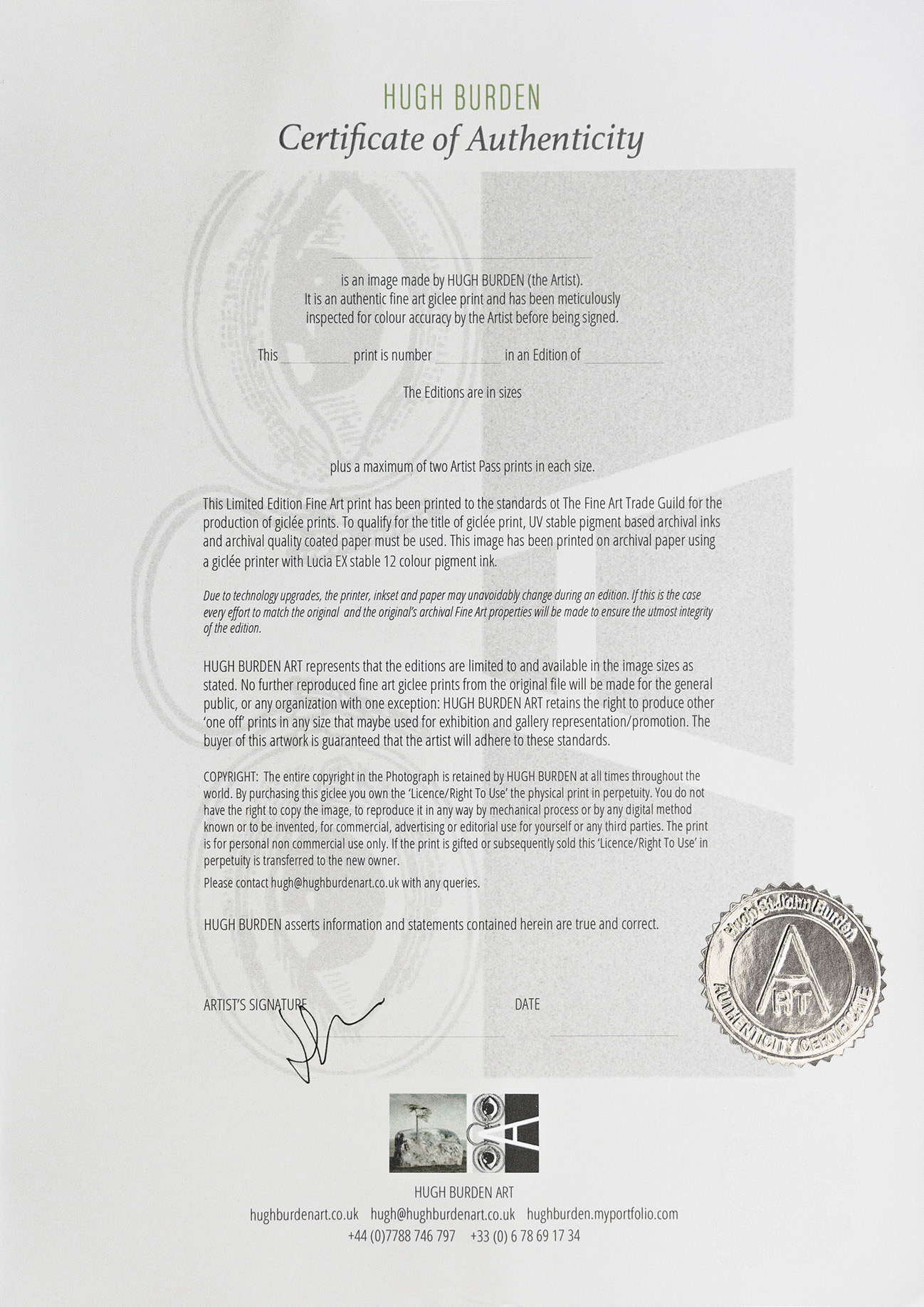 Une image lisible montrant un certificat d’édition d’authenticité