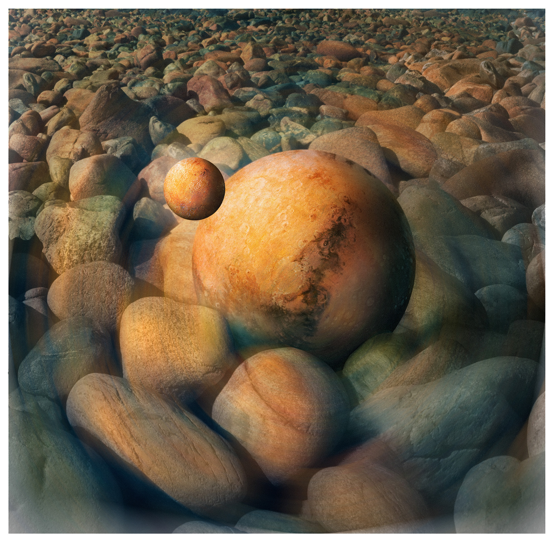 362 / 5,000 Univers B. La photographie d'arrière-plan de cette image composite a été prise sur un site côtier en Bretagne, en France, montrant de nombreuses roches rouges du Jurassique. Flottant au-dessus des rochers, deux images sphériques représentent des planètes. L'image entière est dans des tons de rouge et d'or. En considérant l'Univers comme apparenté aux atomes sur Terre, on évoque l'idée que nous faisons partie de quelque chose d'infini.