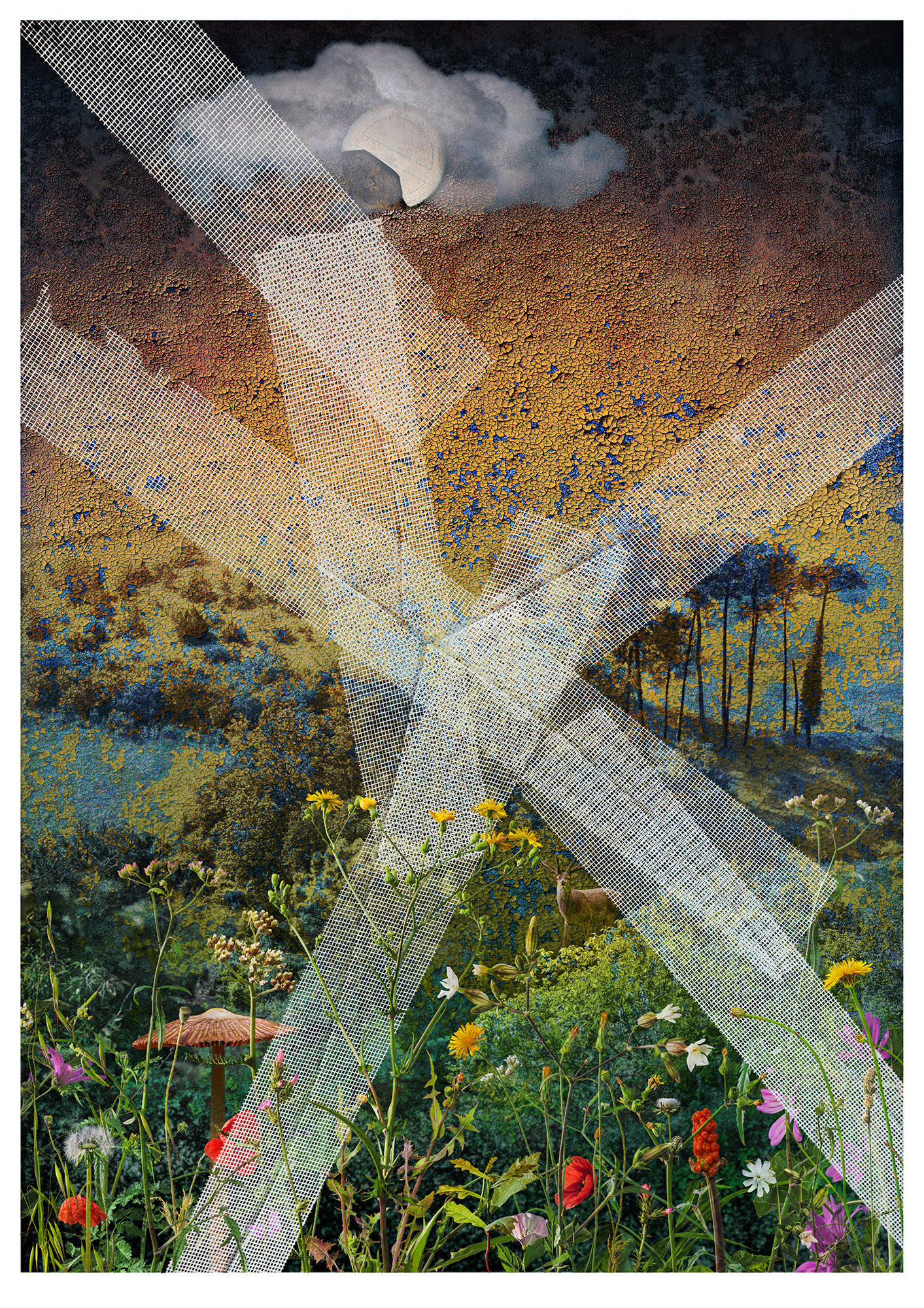 Une image construite à partir de nombreuses photographies. L’arrière-plan est une porte en métal peinte et écaillée. Le tiers inférieur présente de nombreuses fleurs sauvages découpées. Six bandes de sangle blanches maintiennent ensemble ce qui était une vitre fissurée, mais maintenant superposée sur le dessus des images. Au sommet, un nuage recouvre un disque cassé original qui ressemble à un croissant de lune. L’image composite ressemble à un paysage, en début de soirée ou à l’aube dans des nuances de vert et d’ambre. La réparation environnementale de l’élément est en cours.