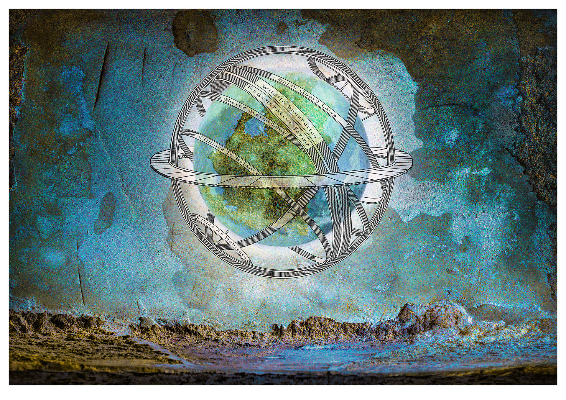 L’image composite est dans des couleurs de la Terre, avec des verts et des bleus. La base est une photographie d’un mur abîmé, mais elle ressemble beaucoup à un paysage de collines rocheuses dans le sixième inférieur de l’image. Les cinq sixièmes restants montrent une partie plus simple du mur texturé. Au centre de l’image se trouve une planète semblable à la Terre, entourée de bandes graphiques rappelant une sphère armillaire. Autour de la planète, on peut lire : Earth Guard Laws, Wildlife Sanctuaries, Regenerative Farms, Shared Stewardship, Climate Balance, Cities as Habitats.