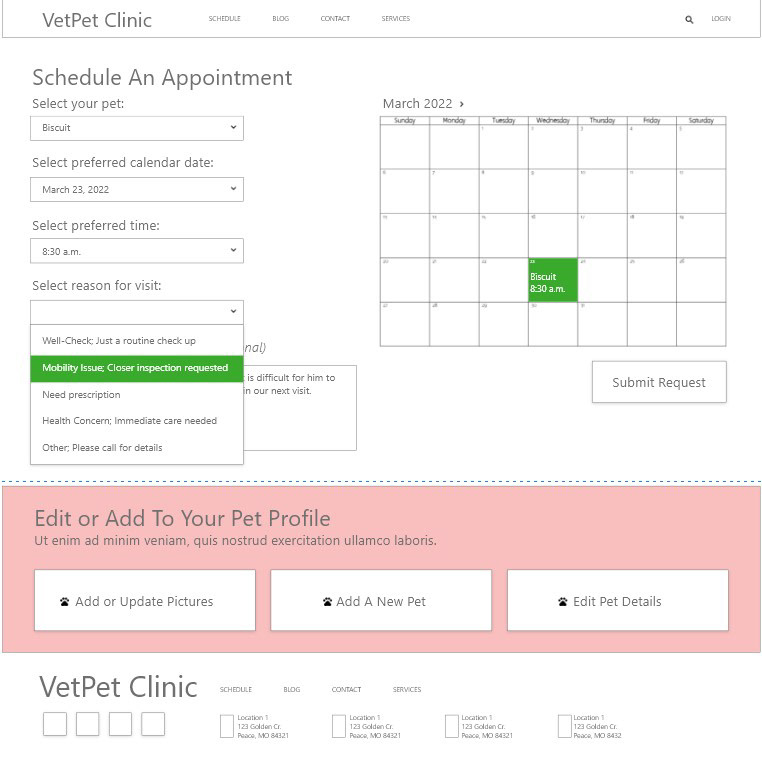 First-round scheduling screen for VetPet responsive website.
