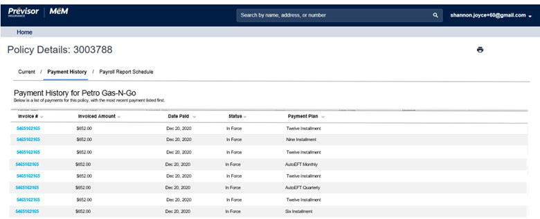 Screen design of a child page of a payment history view on a specific account.
