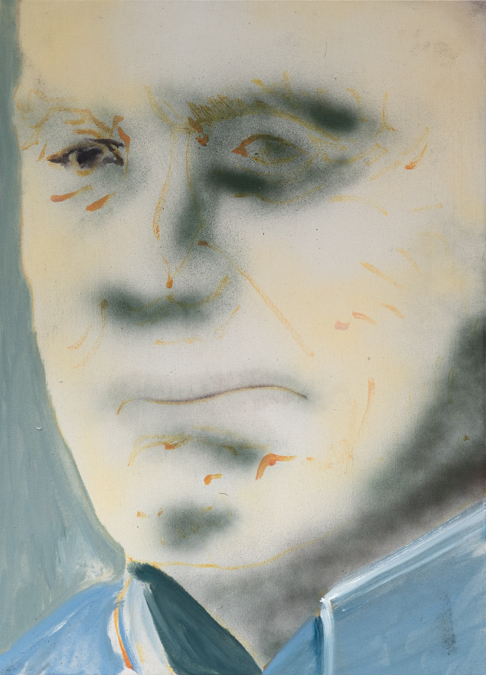 F.P., 2026, 50 x 40 cm, Öl und Sprühlack auf Baumwolle