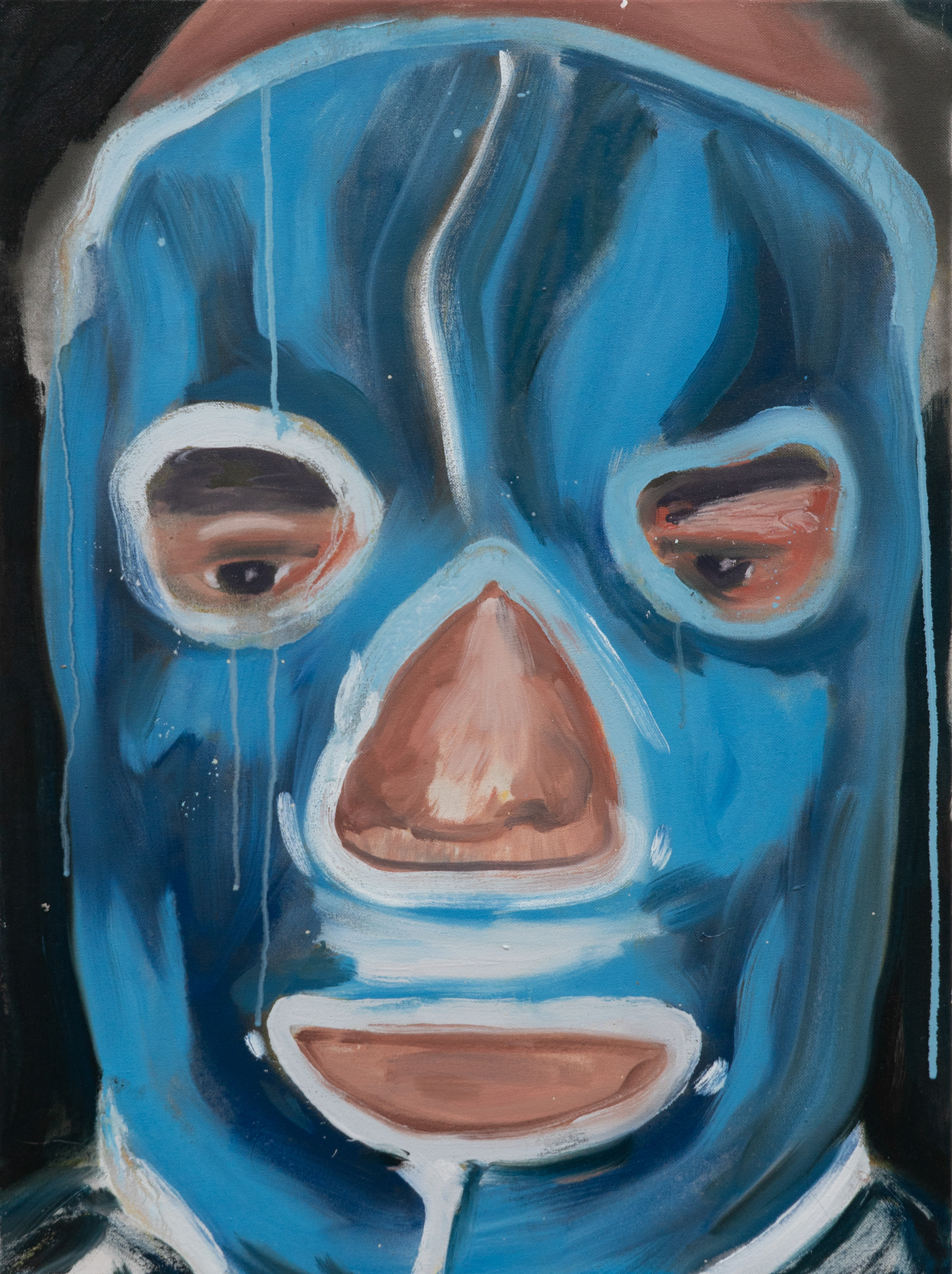 Schmelzmaske, 2026, 50 x 40 cm, Öl und Sprühlack auf Baumwolle