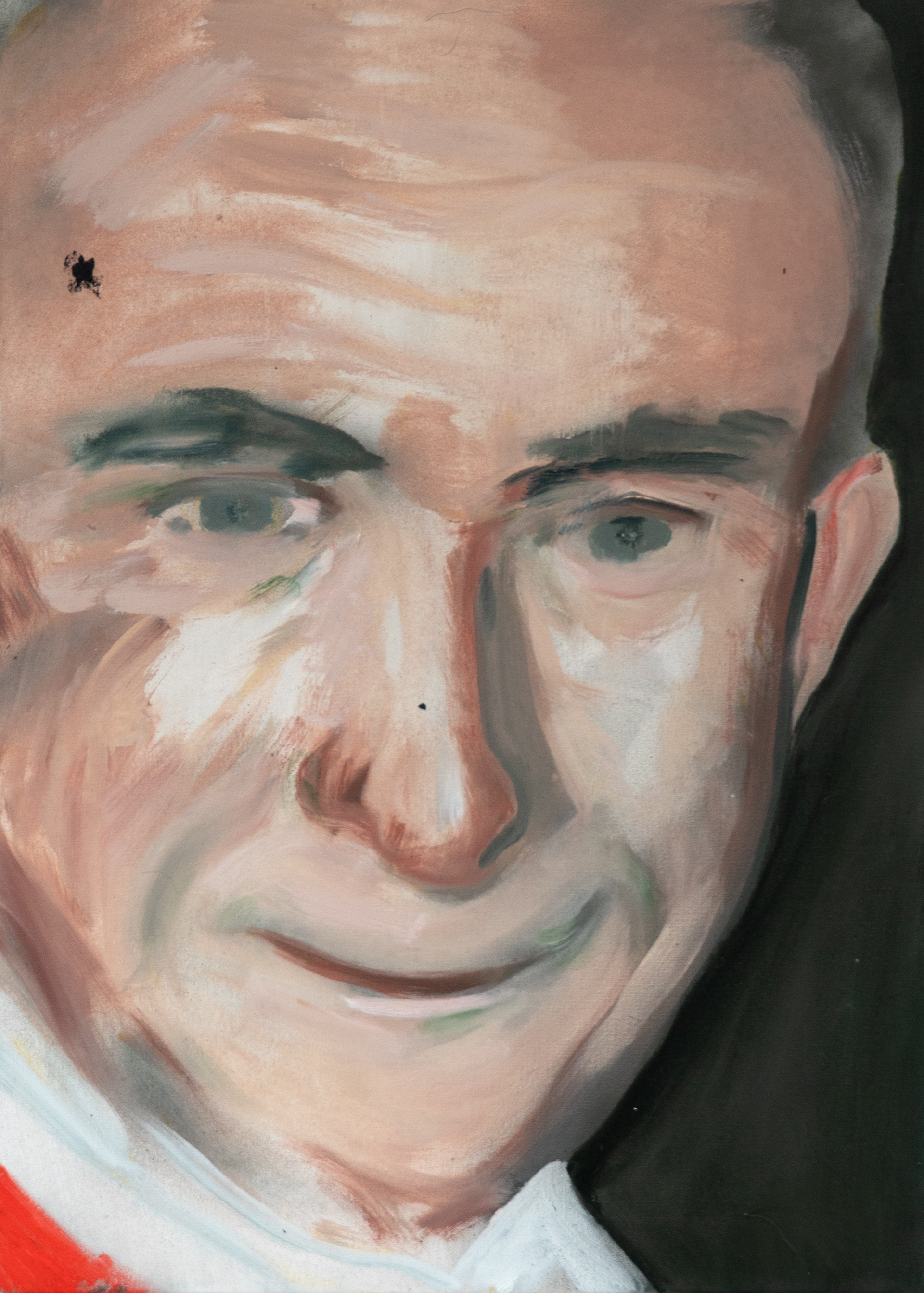 B.A., 2026, 50 x 40 cm, Öl und Sprühlack auf Baumwolle