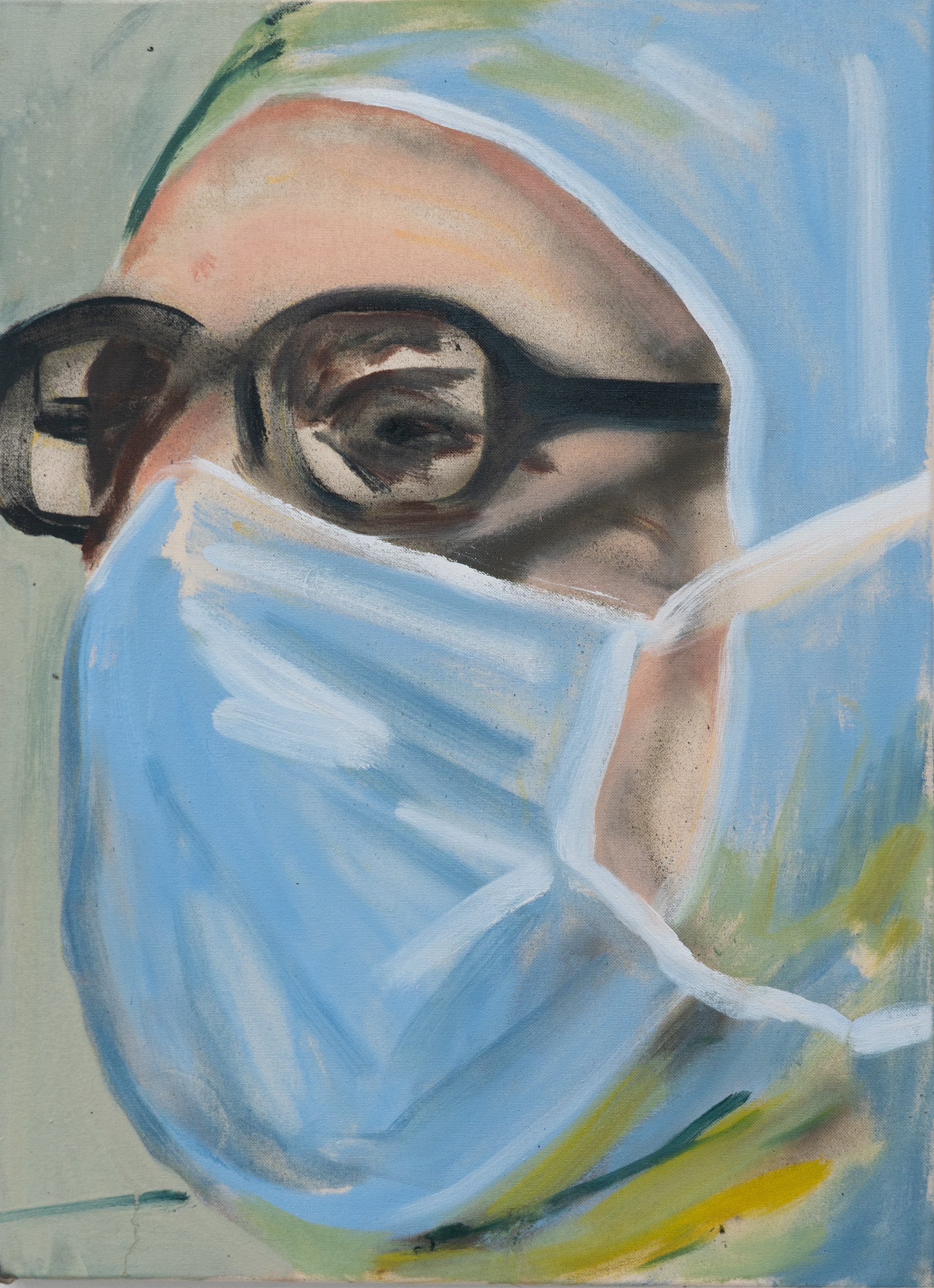 Medic, 2026, 50 x 40 cm, Öl und Sprühlack auf Baumwolle