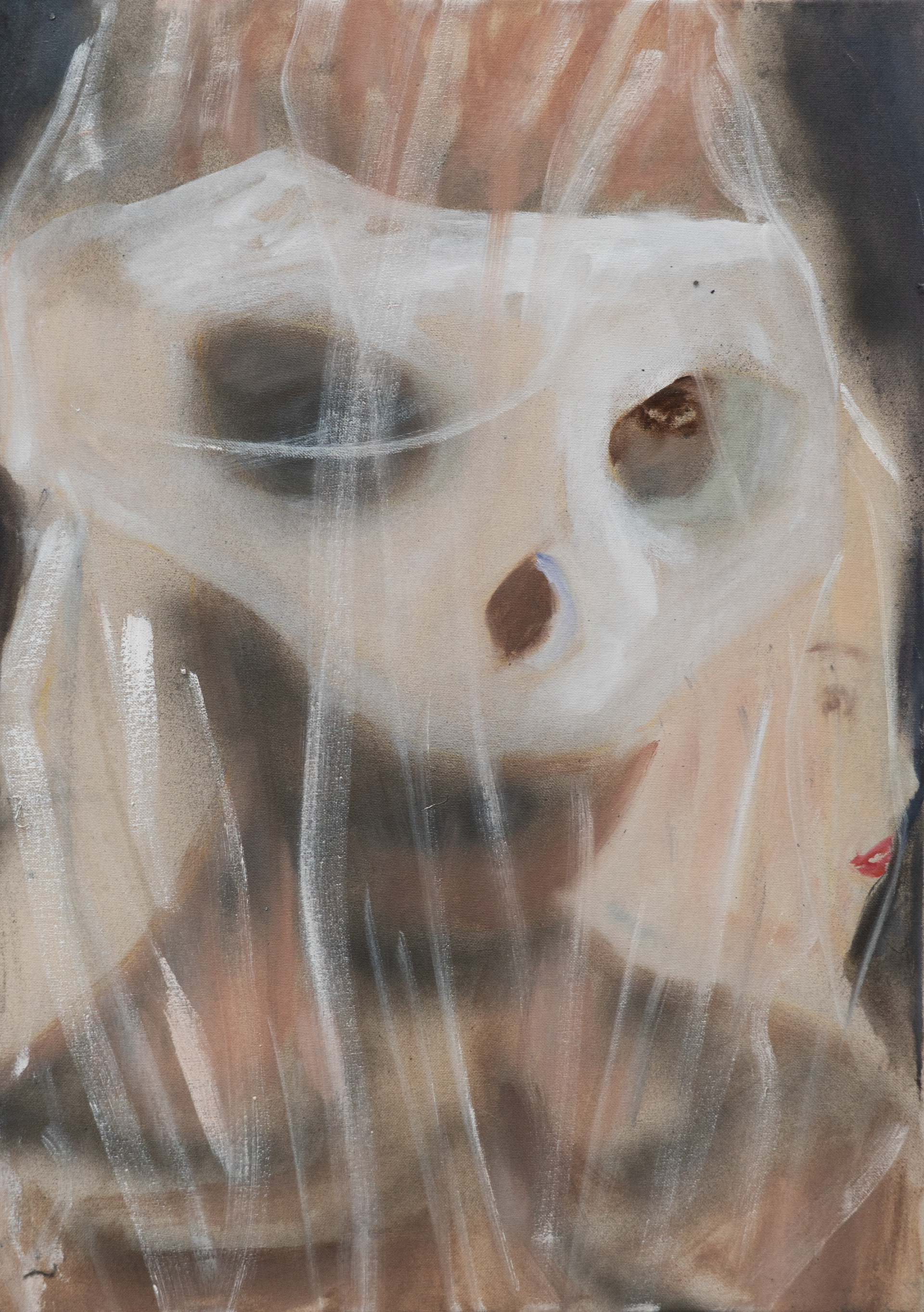 Eingepackt, 2026, 50 x 40 cm, Öle und Sprühlack auf Baumwolle