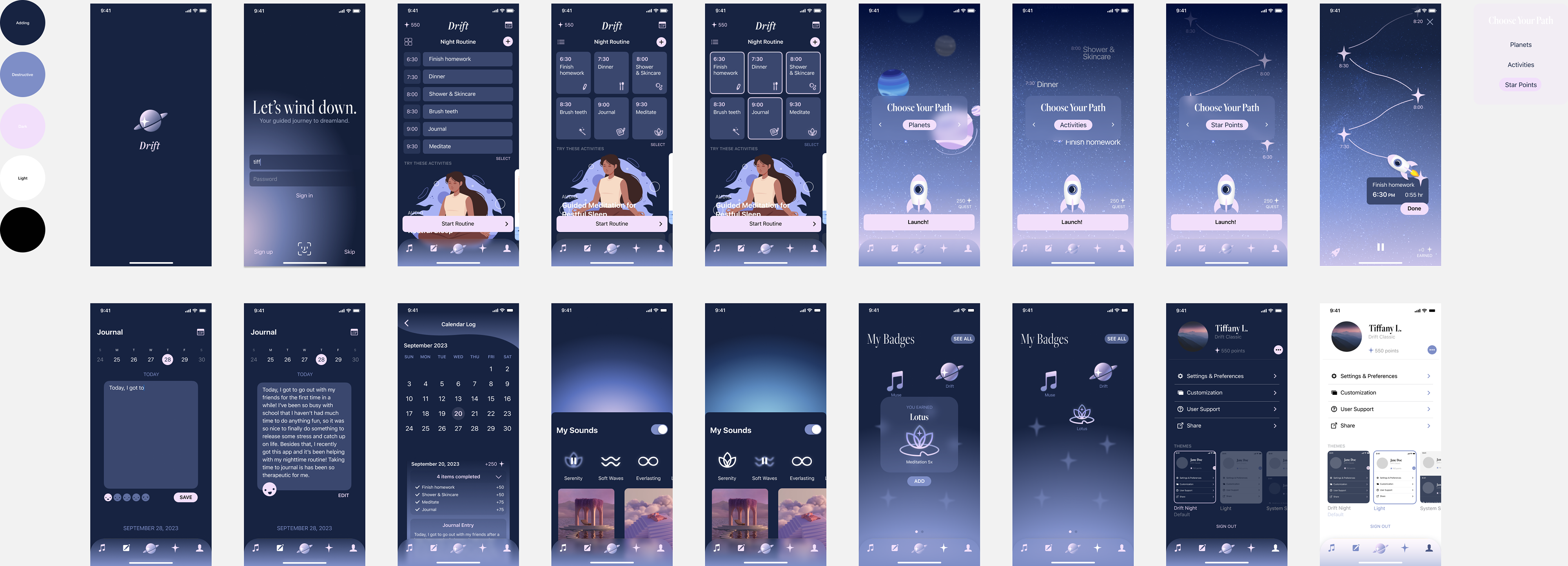 'Drift' Night Routine App UI. Designed in Figma