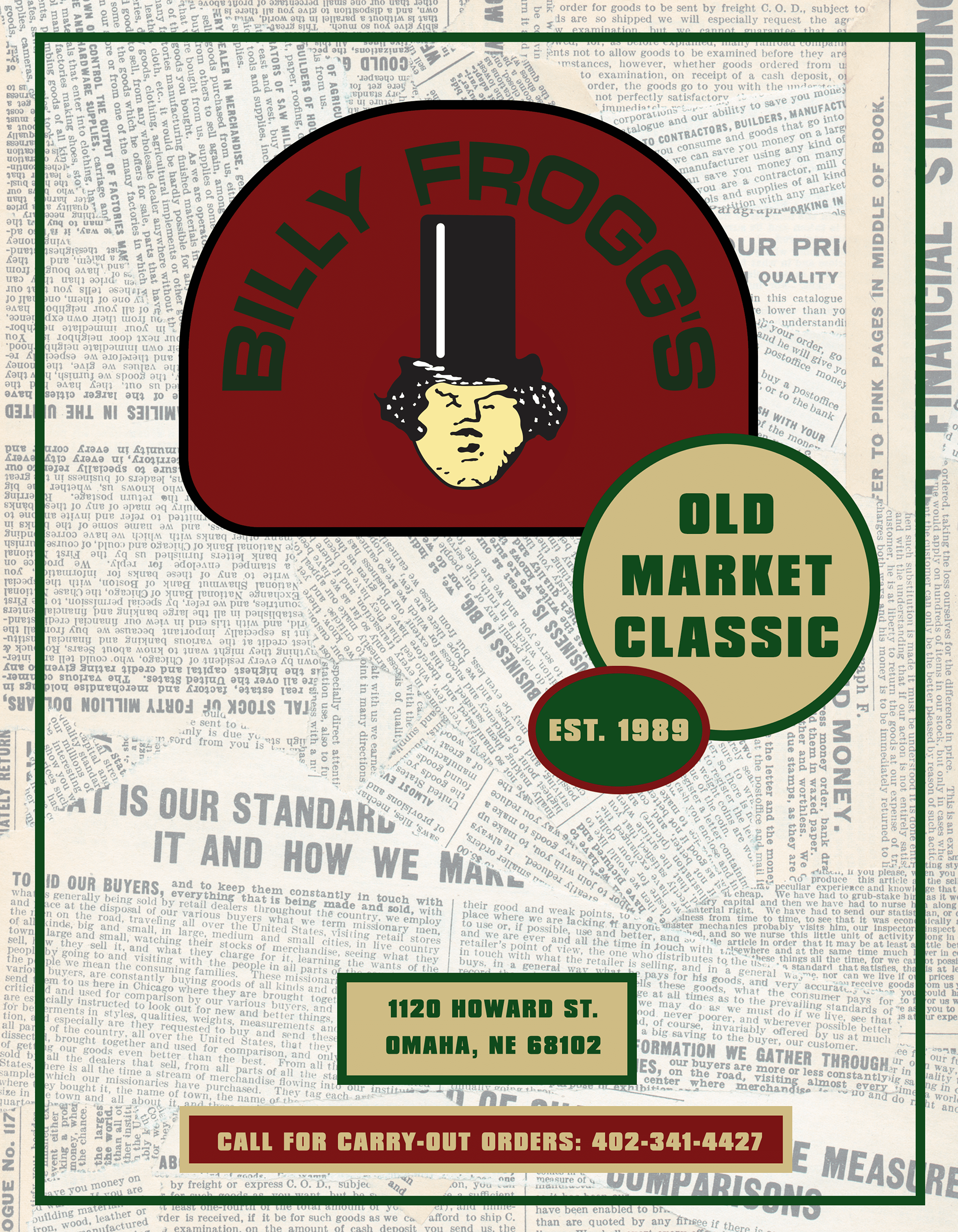 Menu Cover for Billy Frogg's. (2021)