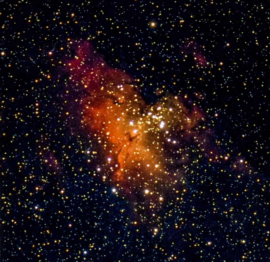 Örnnebulosan, M16, i stjärnbilden Ormen. Innehåller de berömda skapelsepelarna.