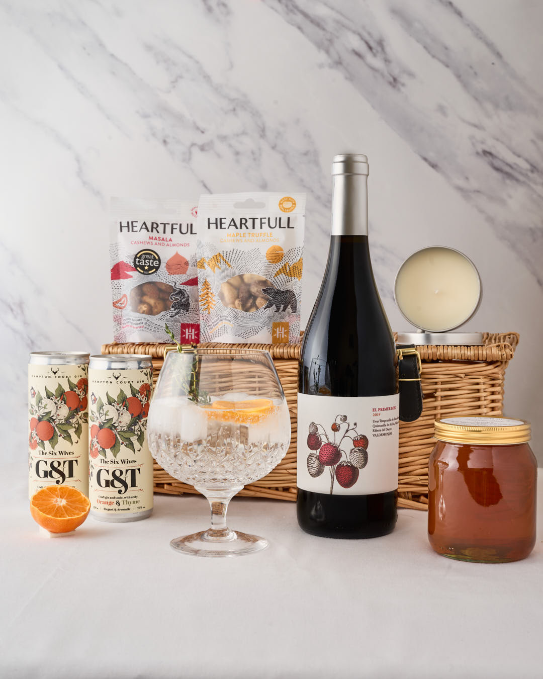 Gin and wine hamper with honey and nuts
