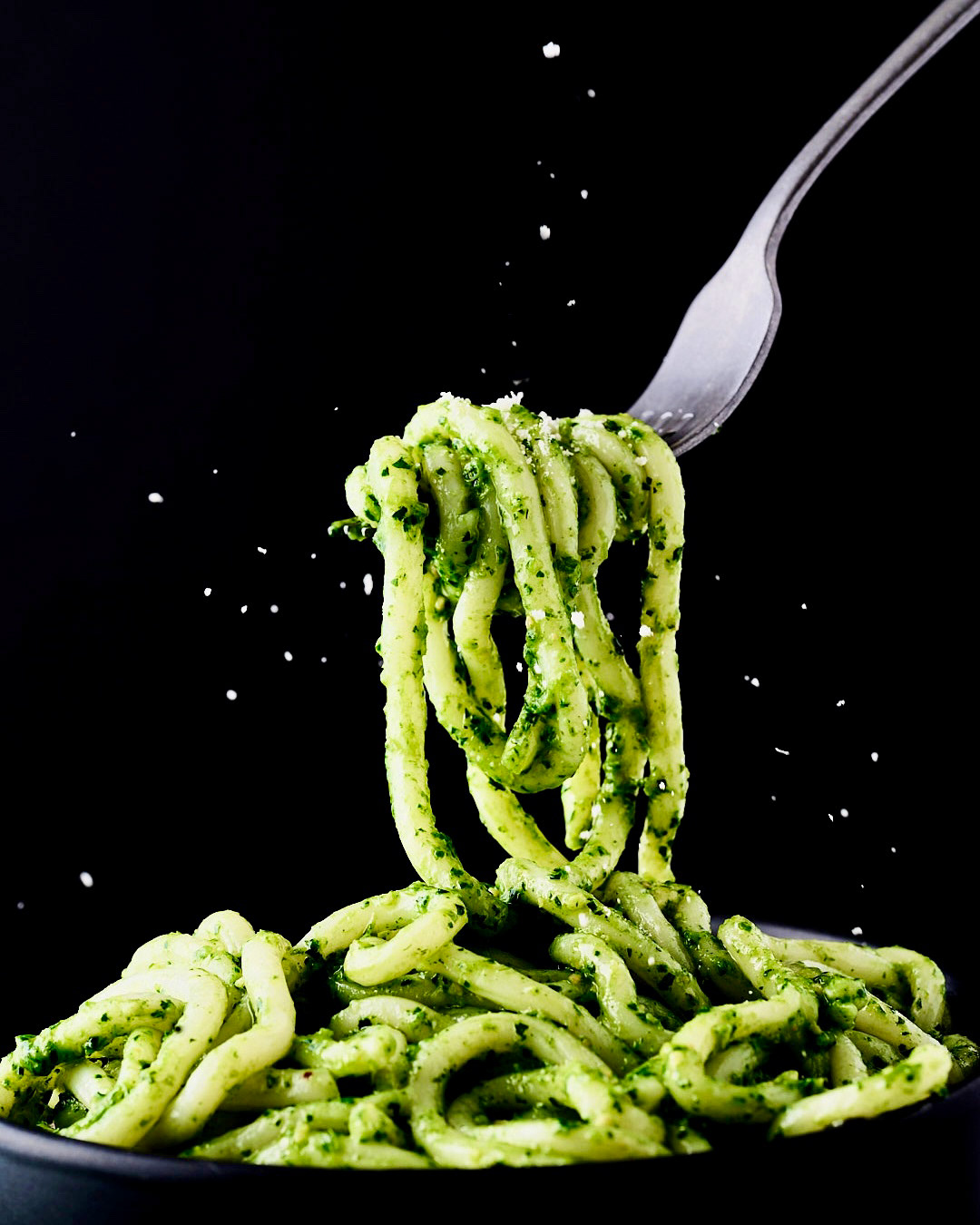 A dark and moody food photograph of some udon noodles with a pesto sauce, by Anusha Stewart