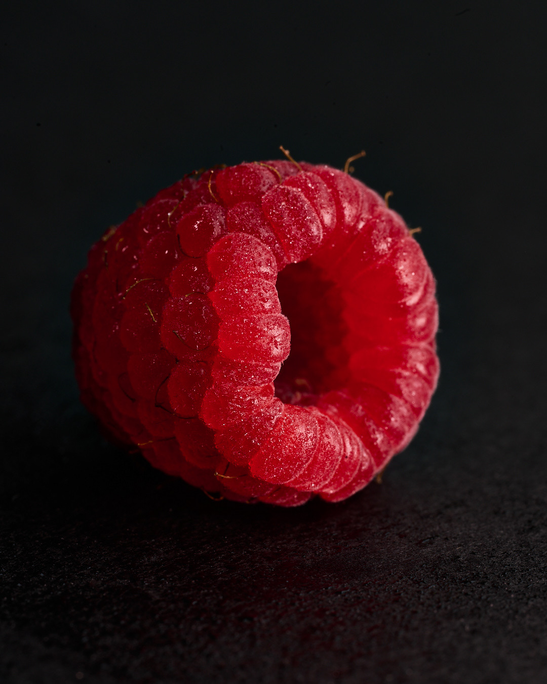 Macro shot of a single raspberry shot on a black background