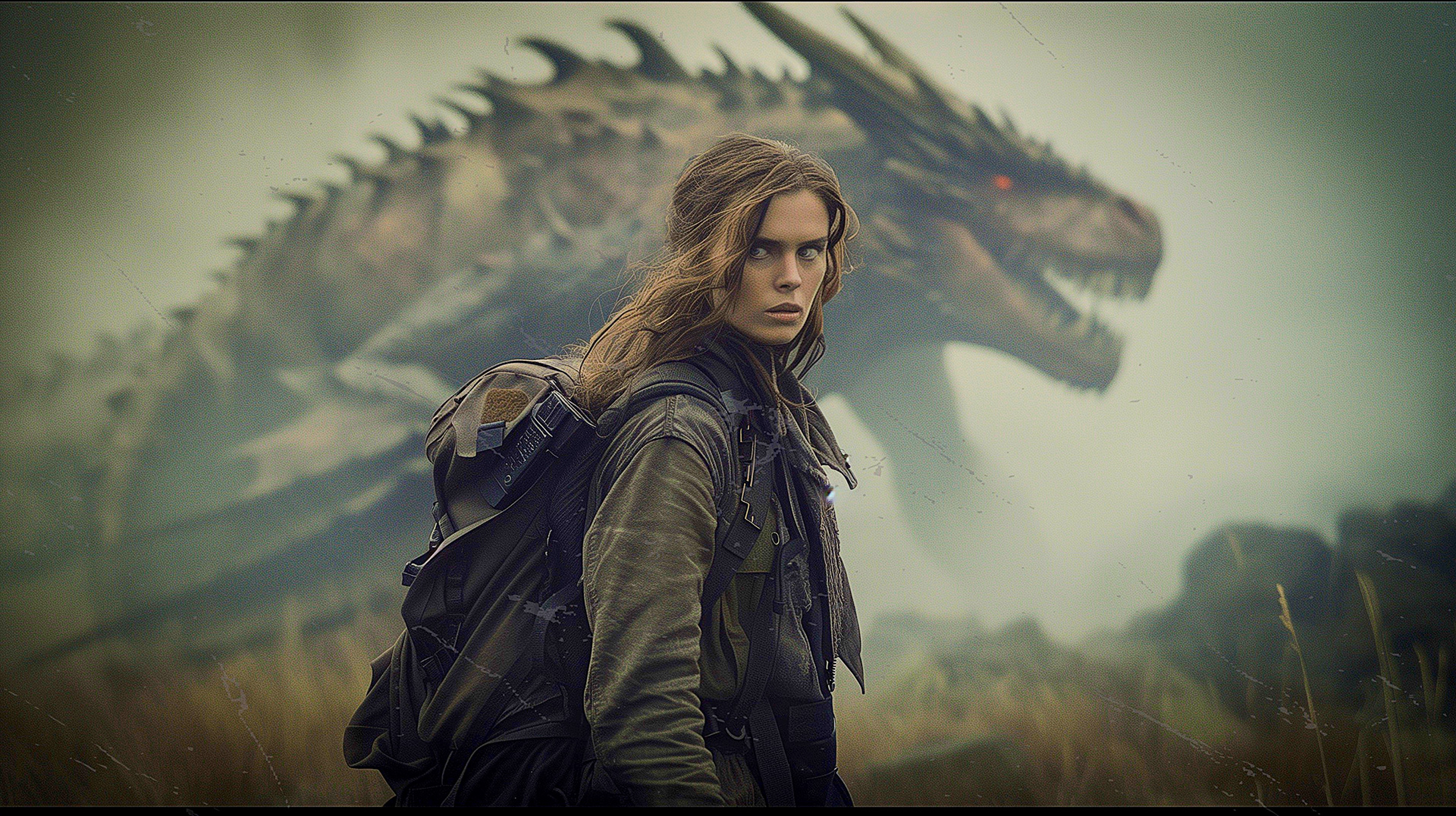 A tense young woman in rugged field gear and a backpack stands in a misty field, glancing over her shoulder as a massive, shadowed dragon with glowing eyes looms behind her in the fog.