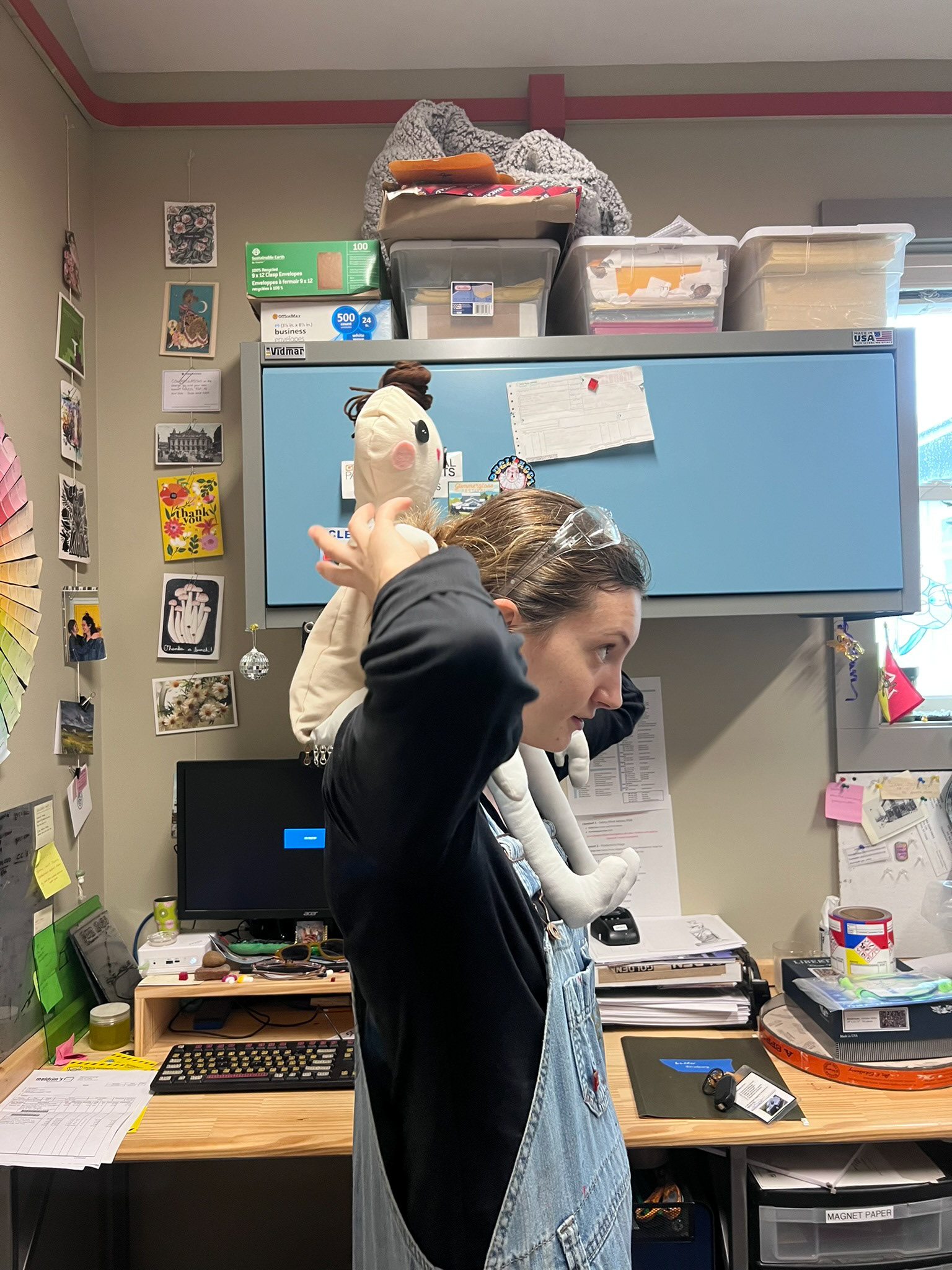 Testing the puppet's ability to sit on the actor's shoulders.