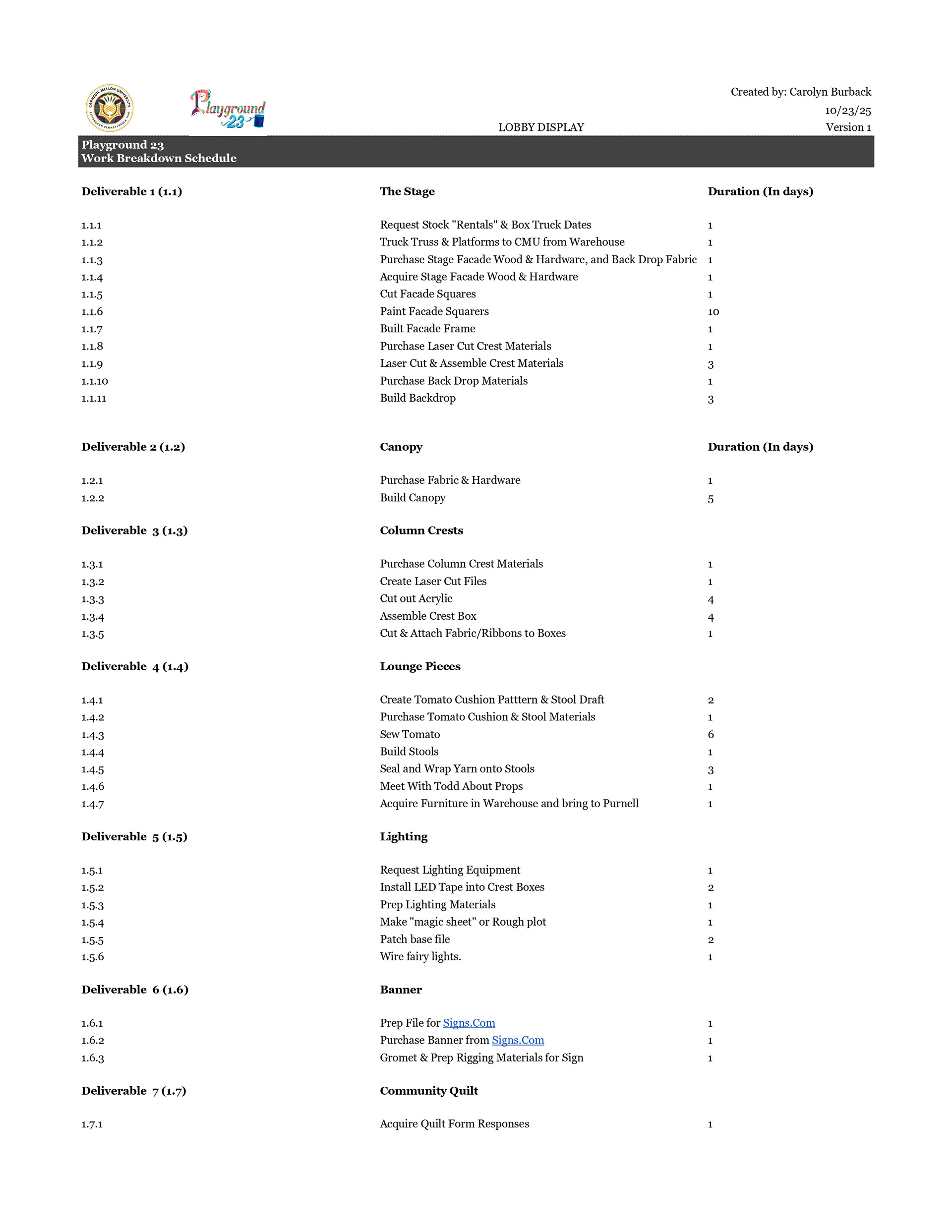 Work Breakdown Schedule