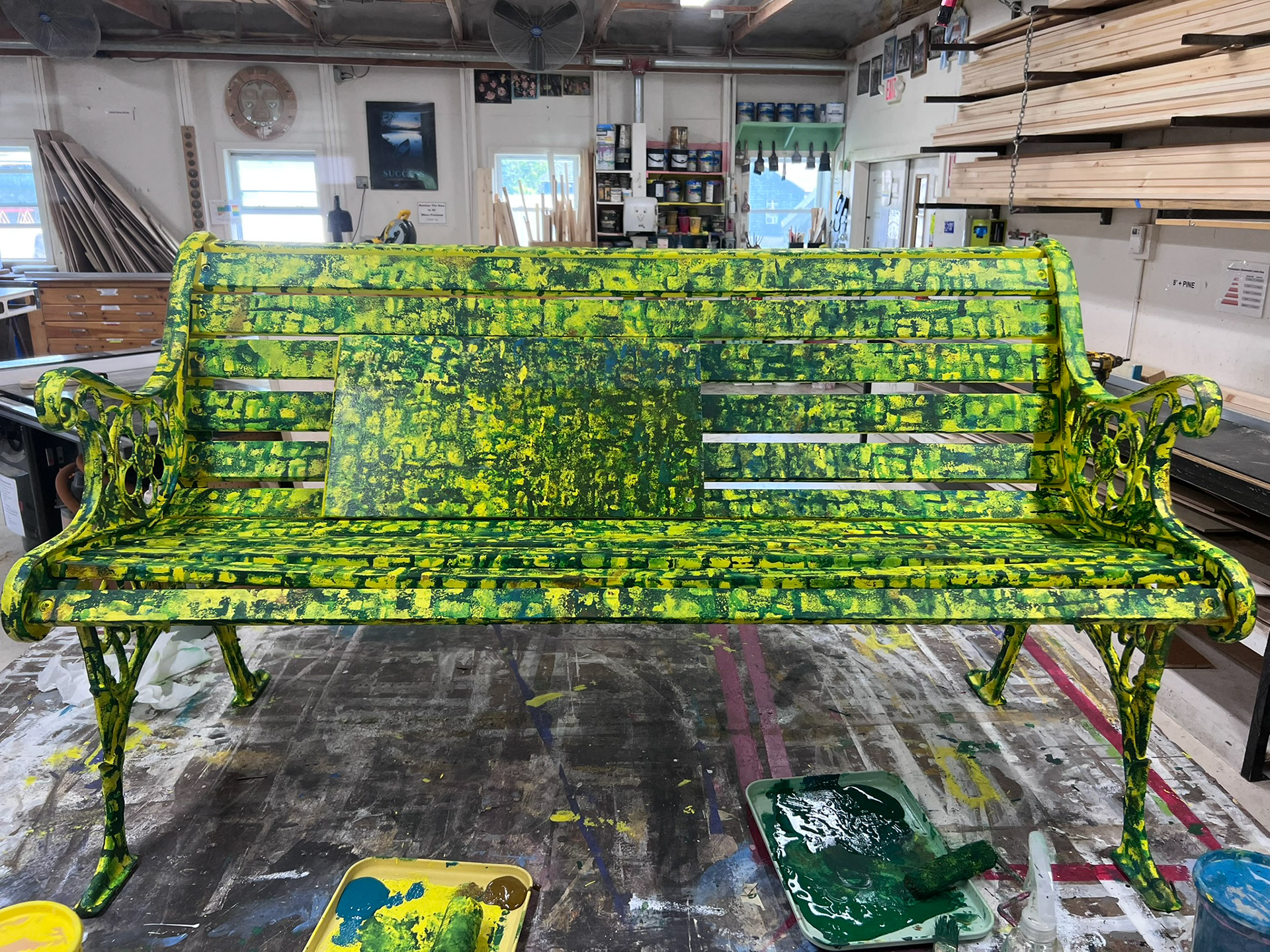 Painted bench to copy the paint sample provided by the 2025 Glimmerglass Opera Paint's Department  (sample provided is the rectangle on the bench).