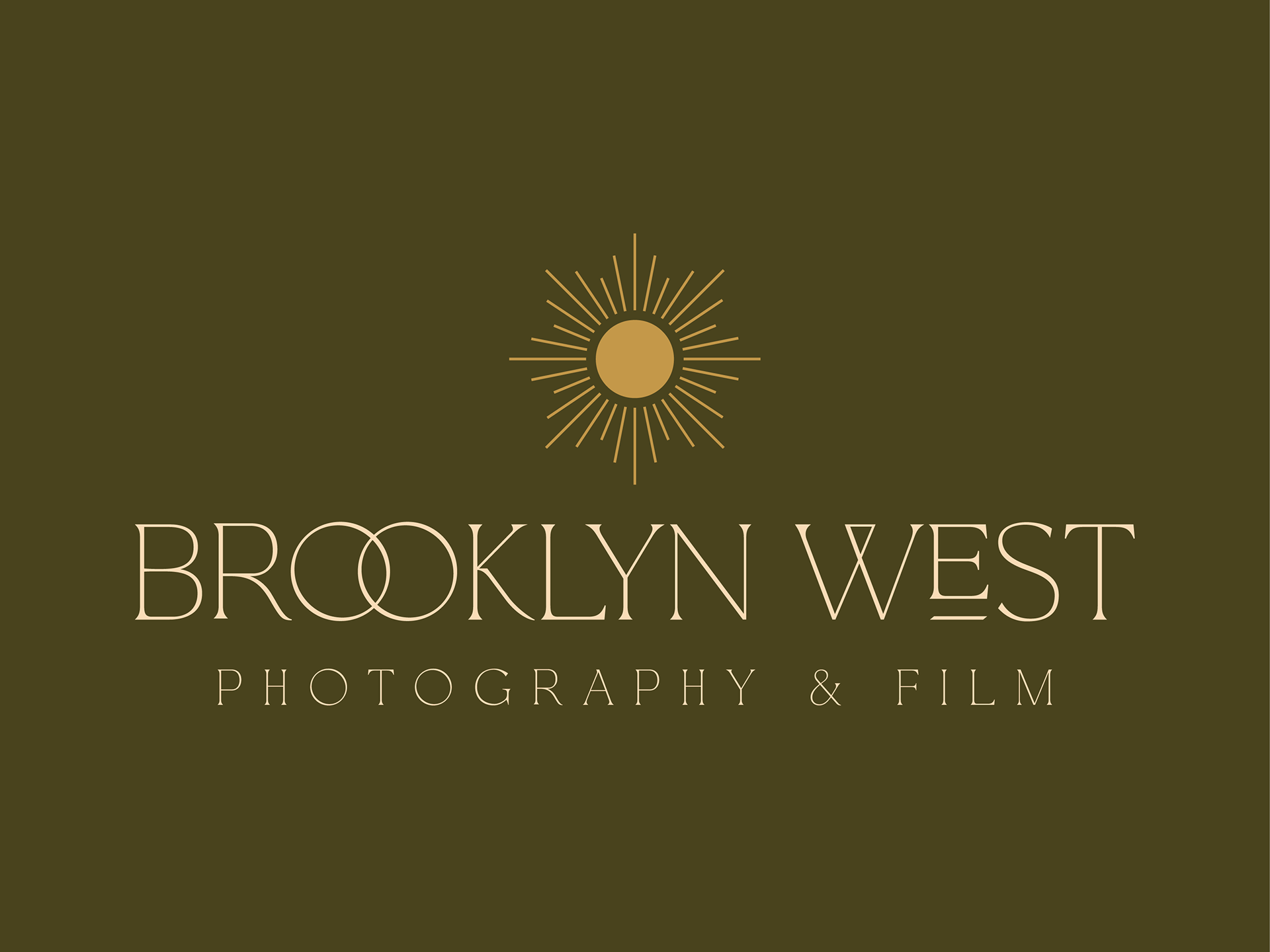 Showing main logo for Brooklyn West photography and film. There is a sun icon with serifed text below, all centered.