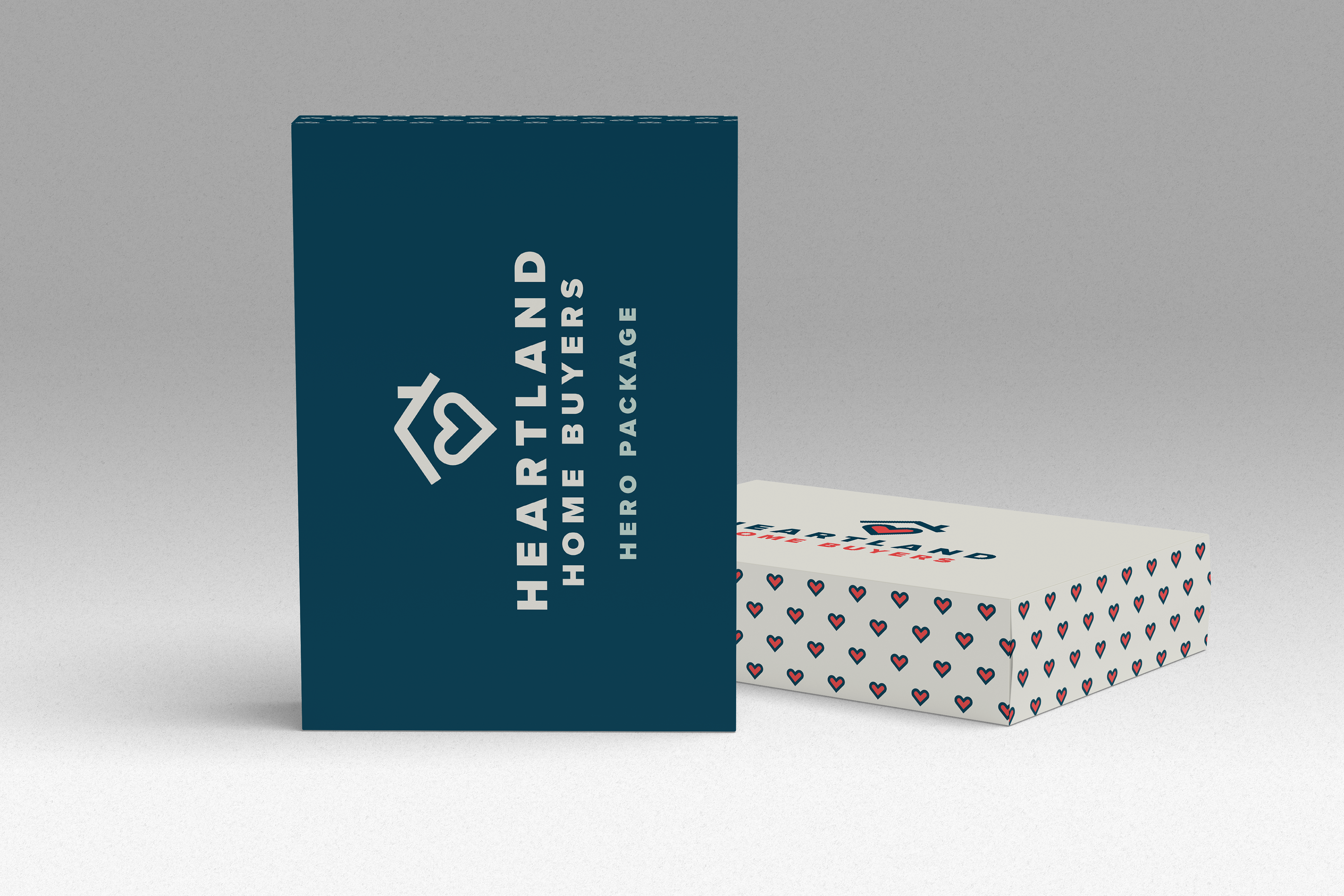 Branded box packaging idea for Heartland Home Buyers with heart pattern.