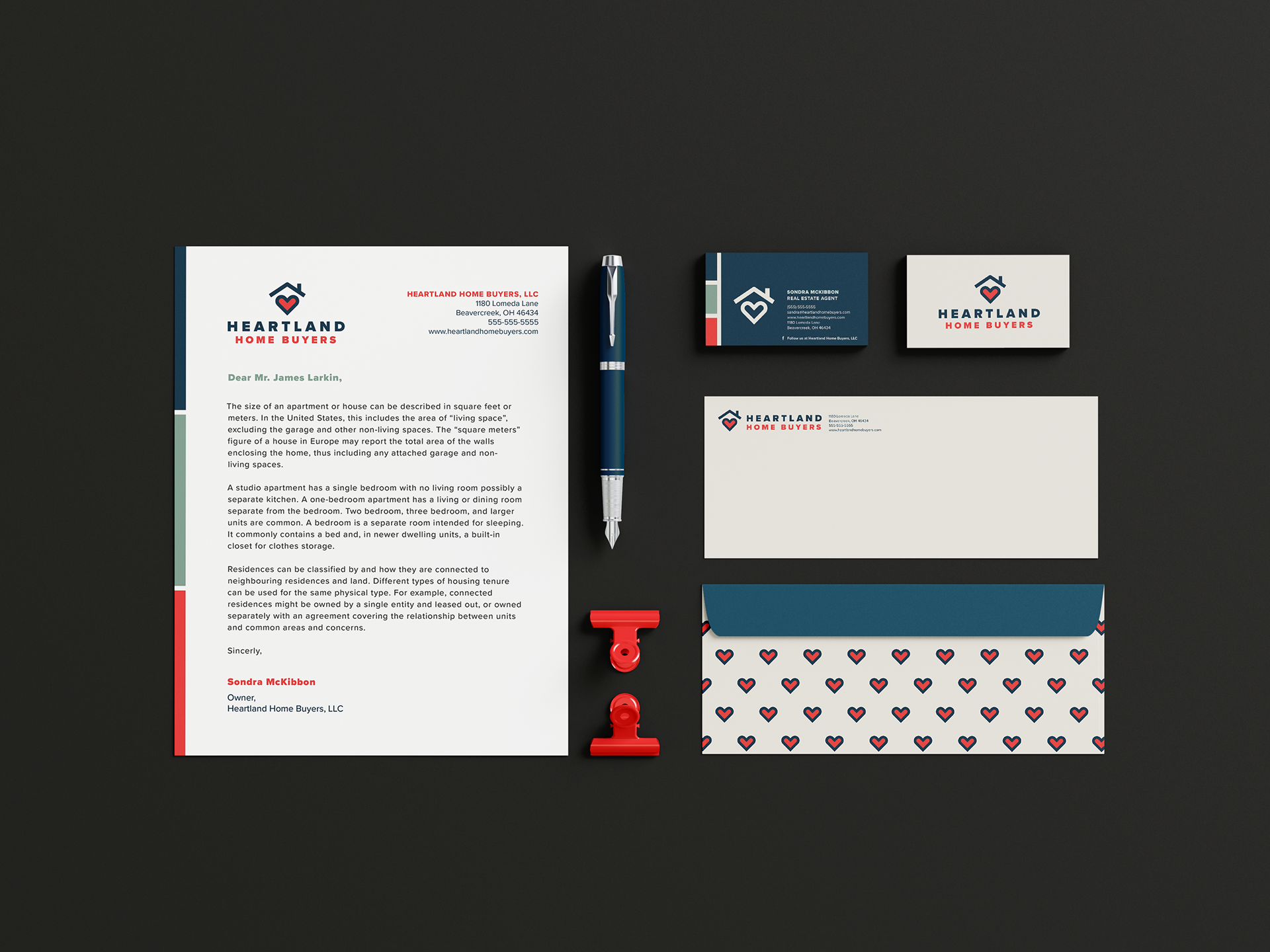 Branded stationery set for Heartland Home Buyers. Included: a letter, business card, and envelope.