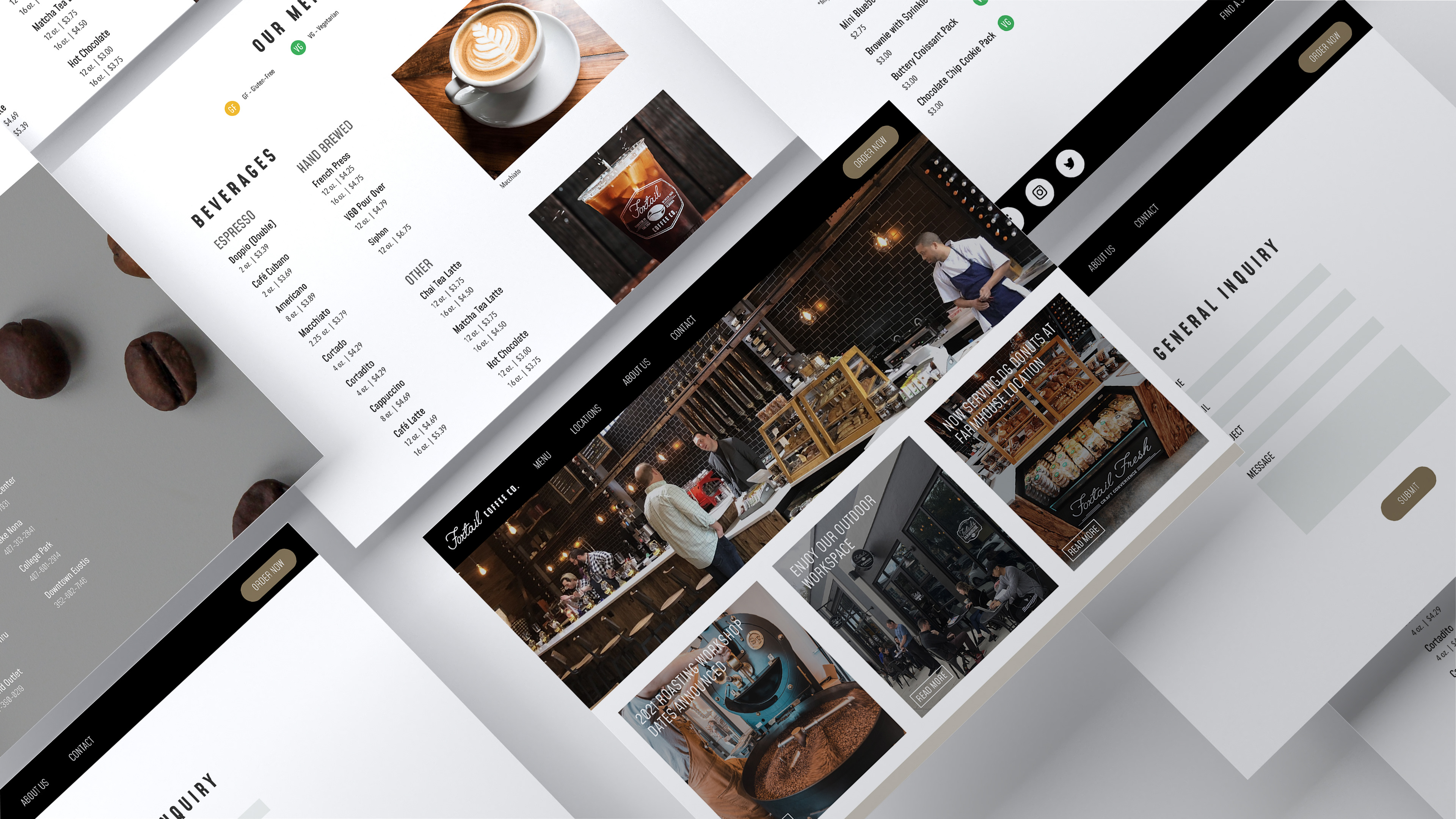 Mockup showcasing pages of the redesigned Foxtail Coffee Co. website, optimized for UX/UI