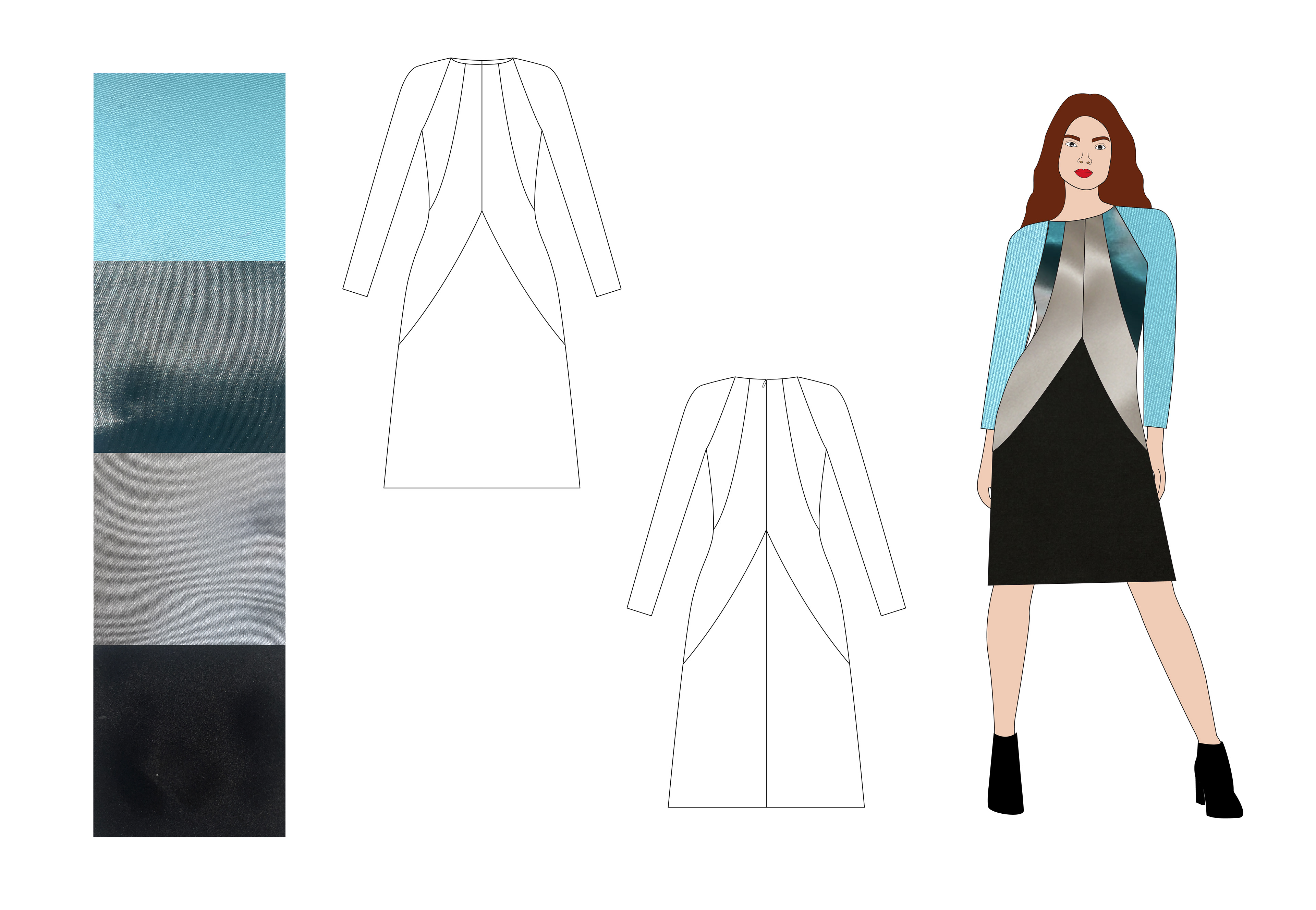 Look 4 illustration, technical flats, and fabric swatches