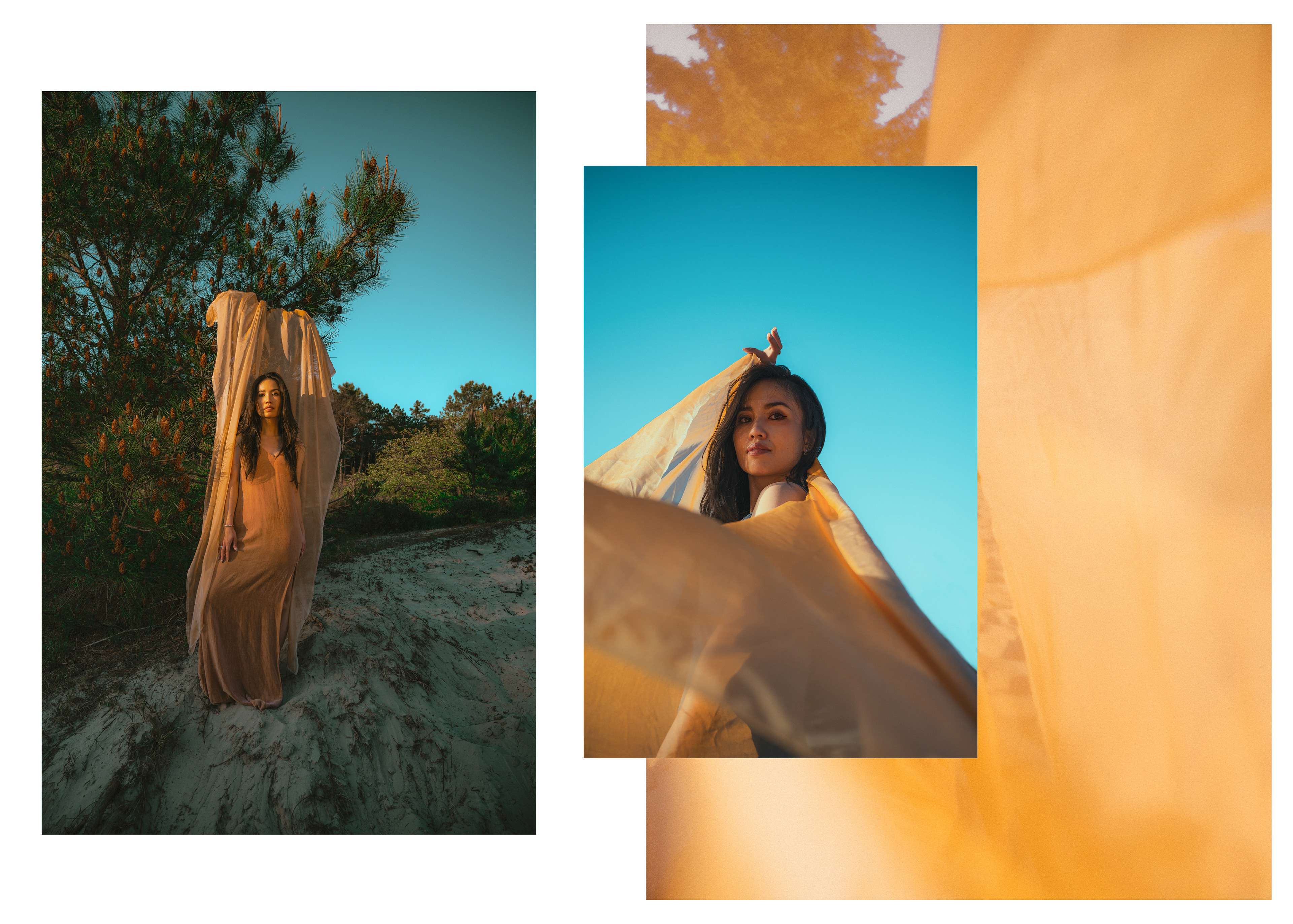 a portrait of a woman shot in nature. her skin, dress and fabric flowing on the background have peachy colour