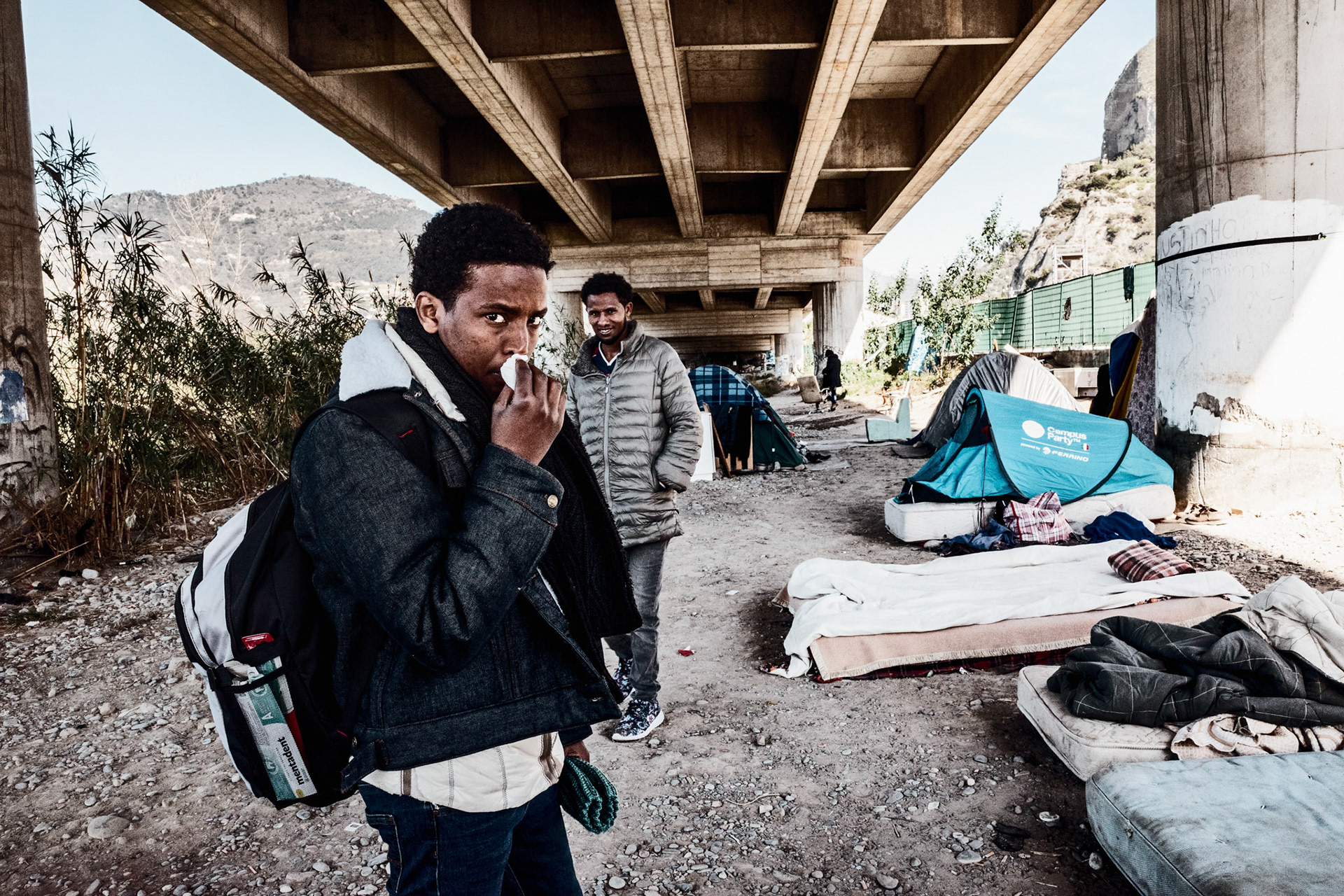 These Eritrean boys spent about four nights sleeping on these mattresses. They did not speak Italian, French or English, not even Arabic, only Tigrinya. They arrived in Ventimiglia with scabies, but after a medical examination and a shower in Caritas' dispensary, their condition thereafter improved and they were able to leave.