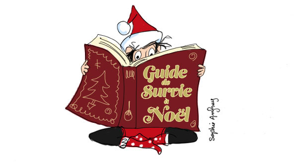 femme assise en tailleur qui consulte un gros livre de survie à Noël 
