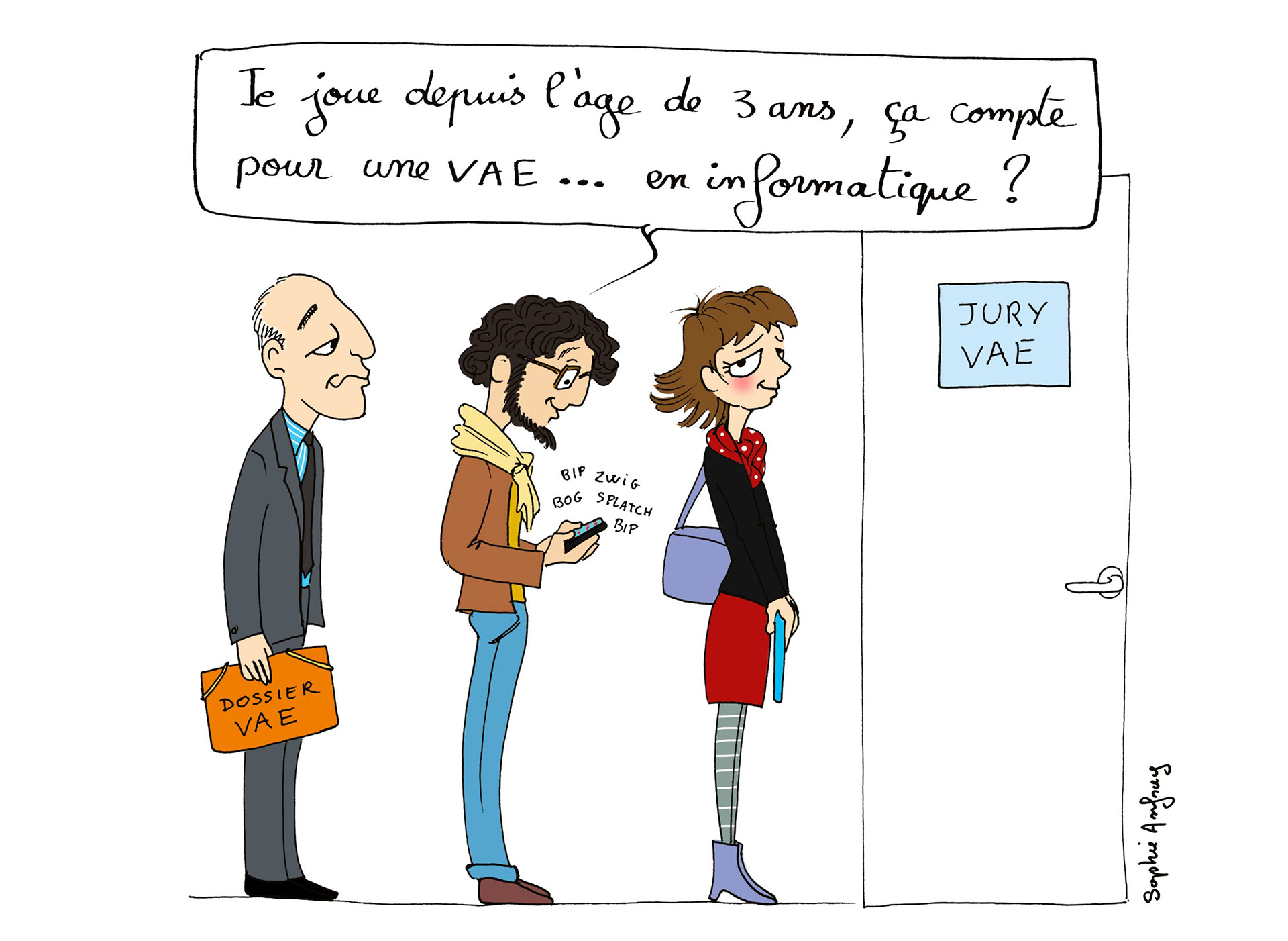 Dessin humoristique sur la VAE : une personne se demande si le fait de jouer depuis l'âge de 3 ans aux jeux vidéo est pris en compte pour obtenir une VAE.