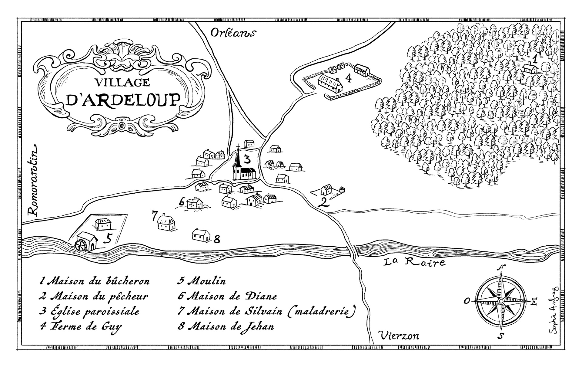 carte en noir et blanc du villege d'Ardeloup