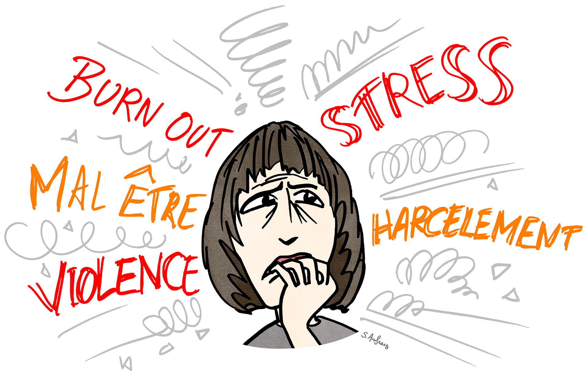 Dessin humoristique d'une personne en burn out et stressée.