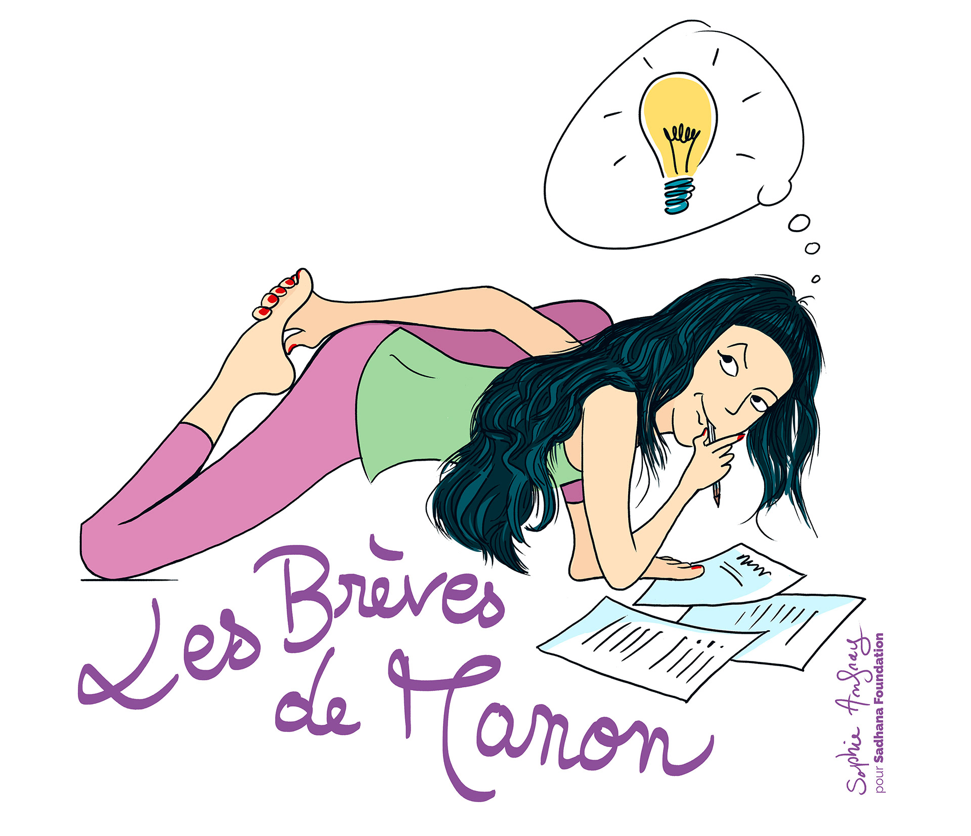 Dessin humoristique d'une femme qui fait du yoga en écrivant.