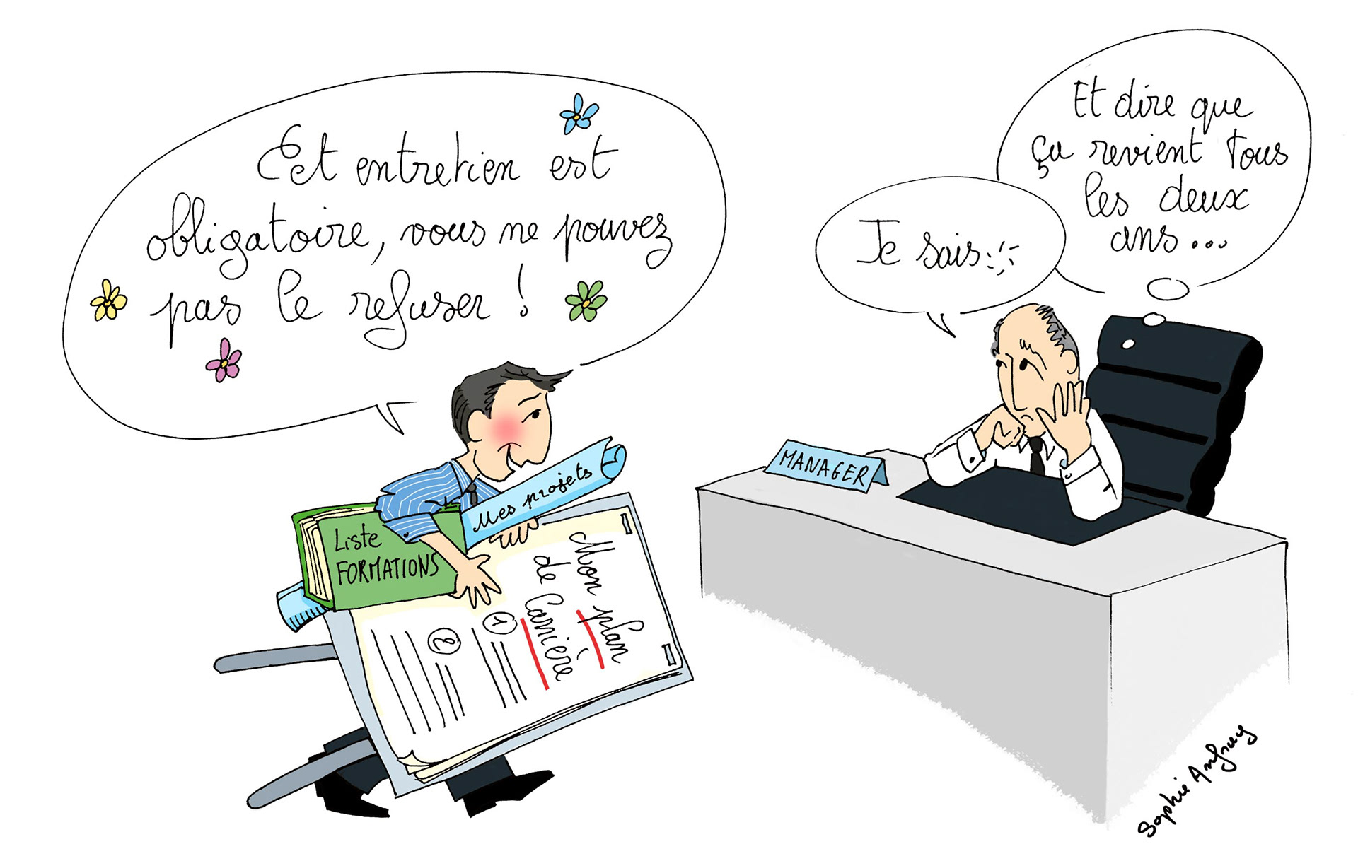 Dessin humoristique sur l'entretien professionnel obligatoire.