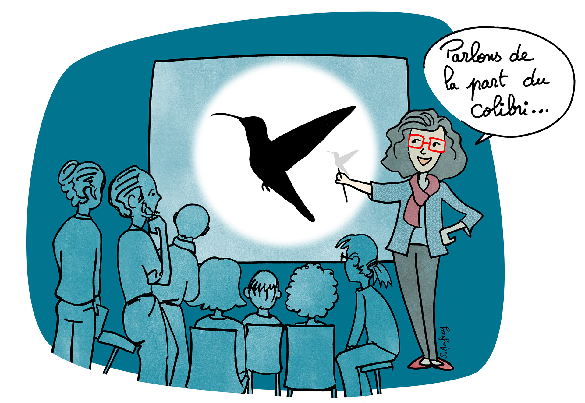 Dessin humoristique d'une conférence sur la part du colibri.
