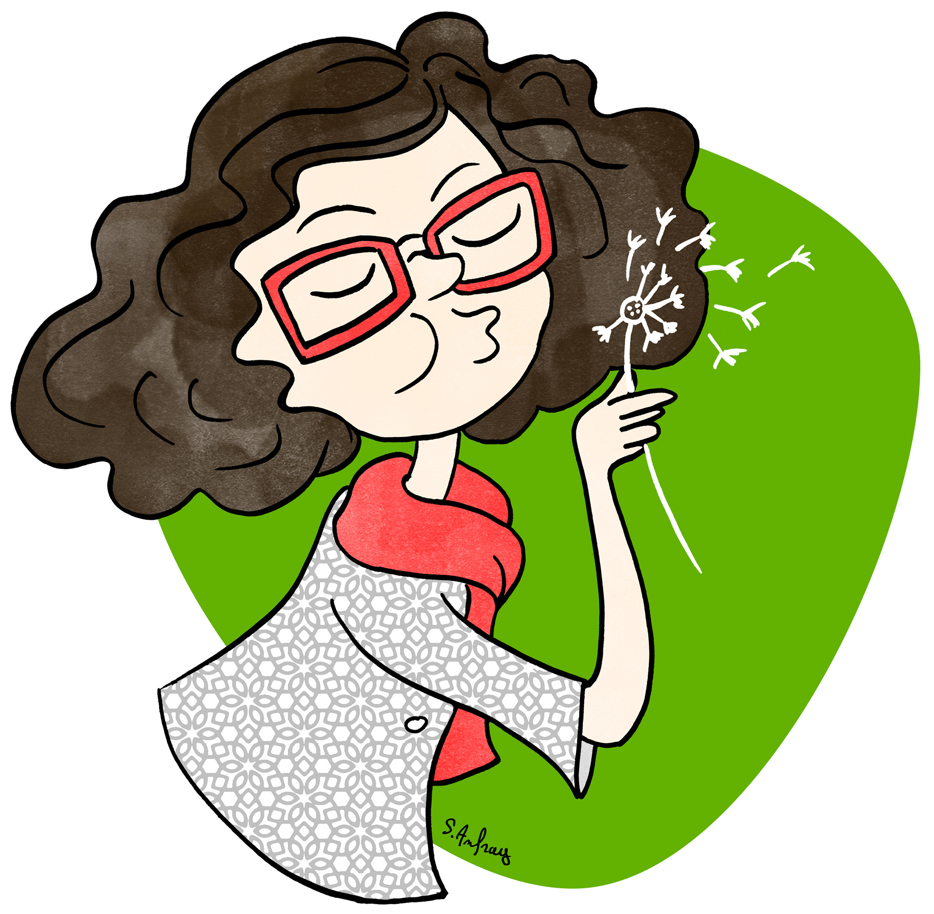 Dessin humoristique d'une femme qui souffle sur une fleur de pissenlit.