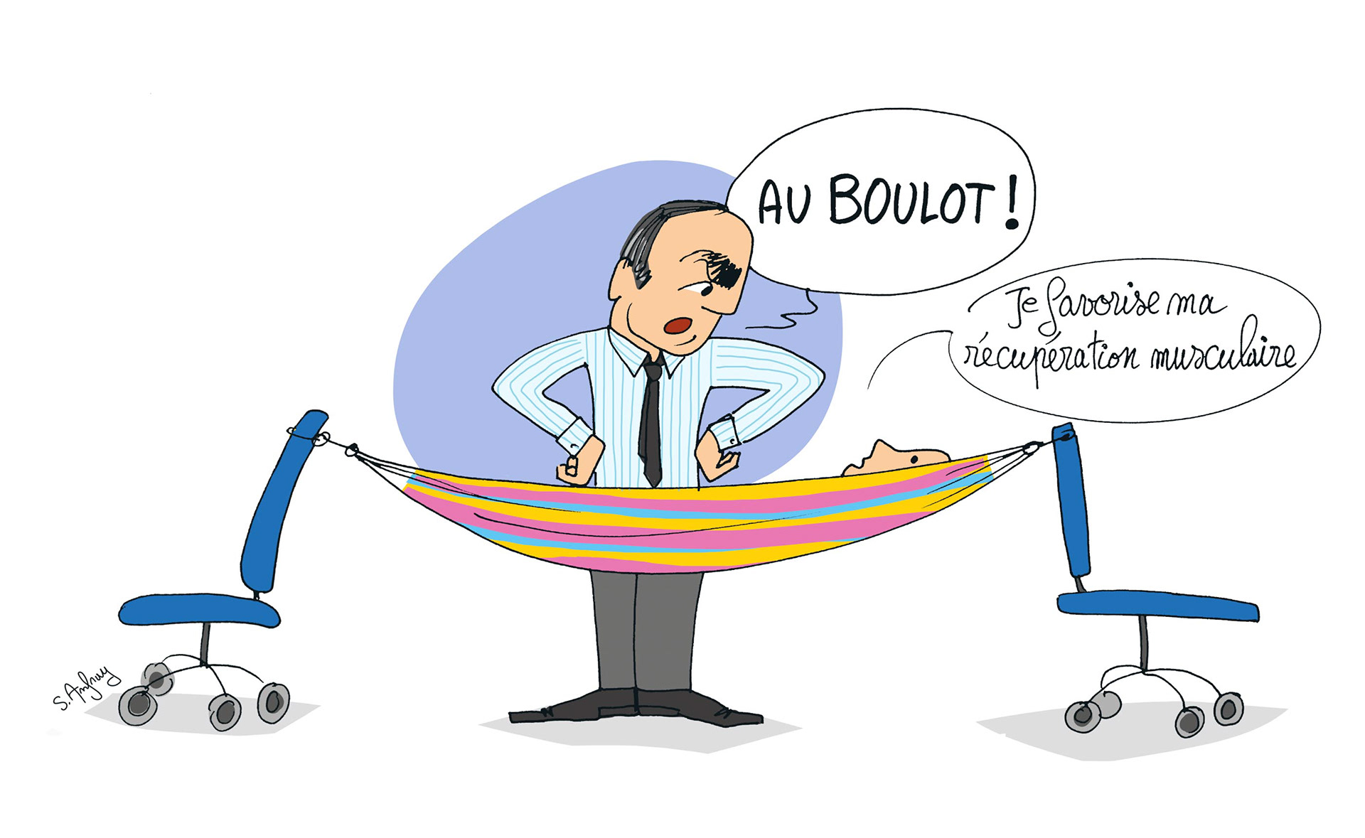 Dessin humoristique d'un homme dans son hamac entre deux chaise au travail. Son chef n'est pas content.