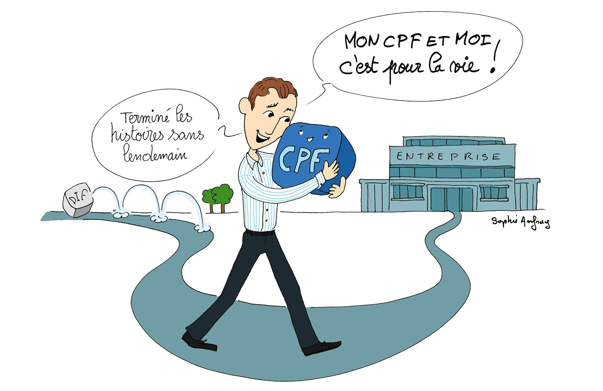 Dessin humoristique sur le fait que le CPF est mobilisable tout au long de la vie professionnelle.