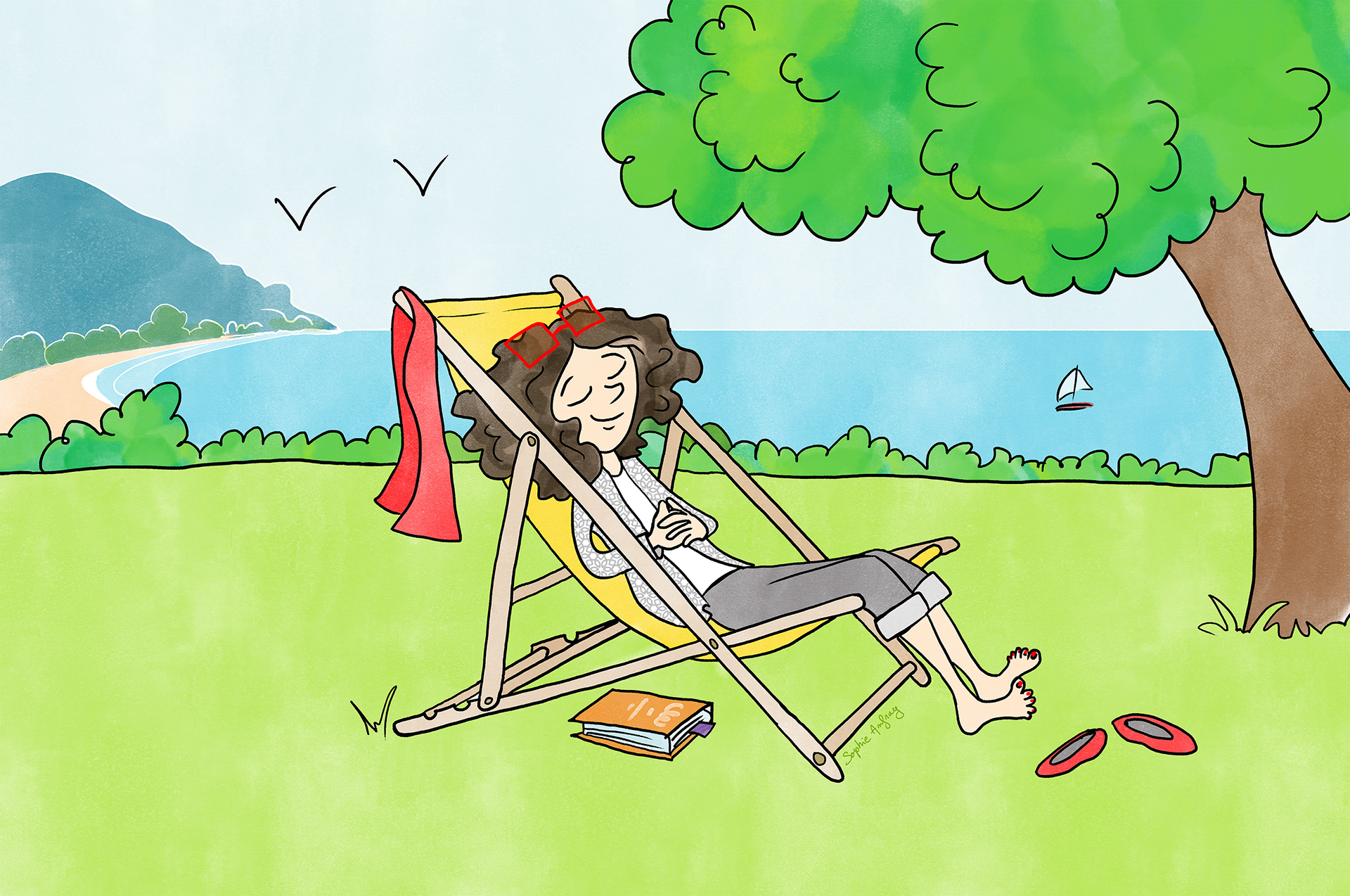 Dessin humoristique d'une personne dans une chaise longue qui prend le temps de vivre.