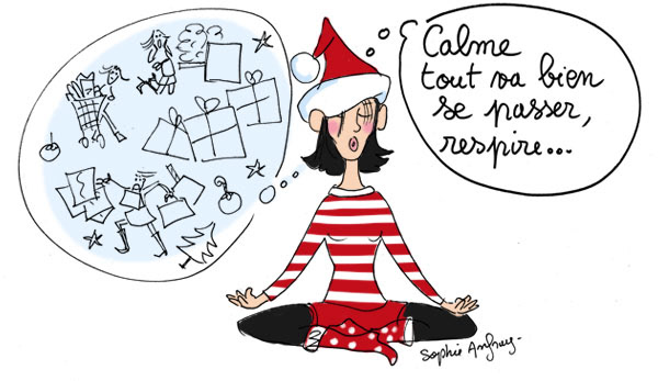 femme assise en tailleur essaie de rester zen quand elle pense à tout ce qu'elle doit faire avant Noël. 