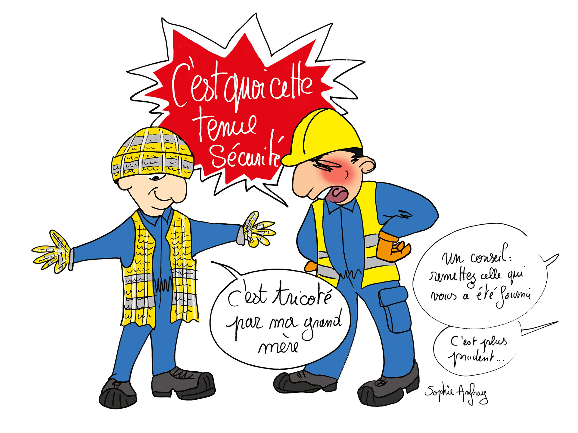 Dessin humoristique d'un ouvrier qui porte un gilet tricoté par sa grand mère en guise de gilet de sécurité, son chef est furieux.