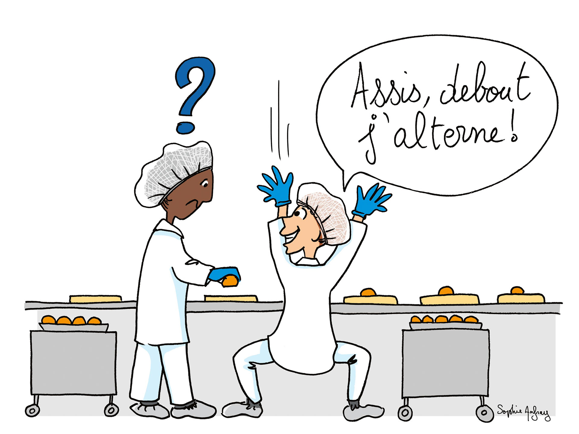 Dessin humoristique d'une femme qui fait de la gym tout en travaillant sur une chaîne de l'agro-alimentaire.