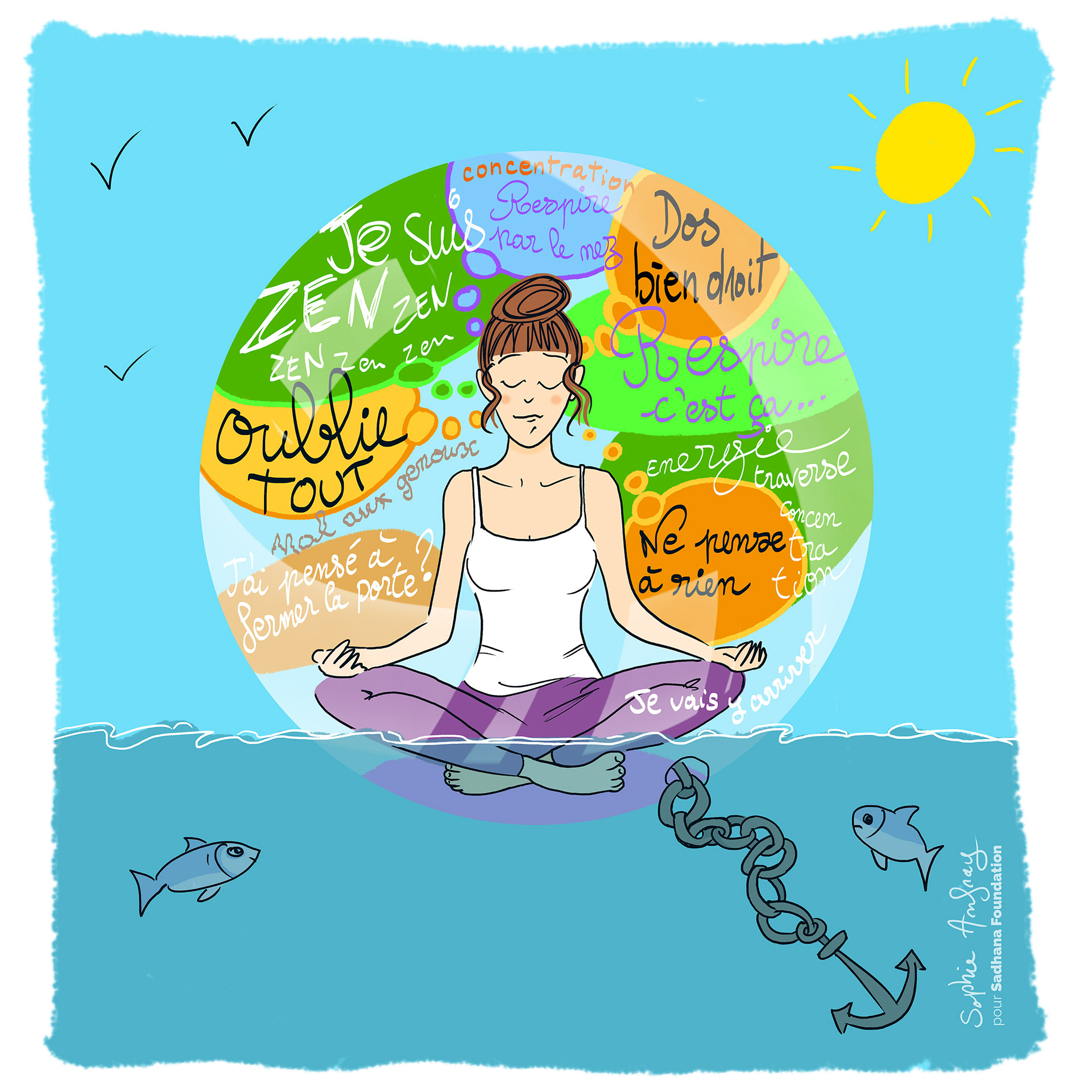 Dessin humoristique d'une femme en tailleur dans une bulle qui essaie de faire le vide dans ses pensées mais n'y parvient pas.