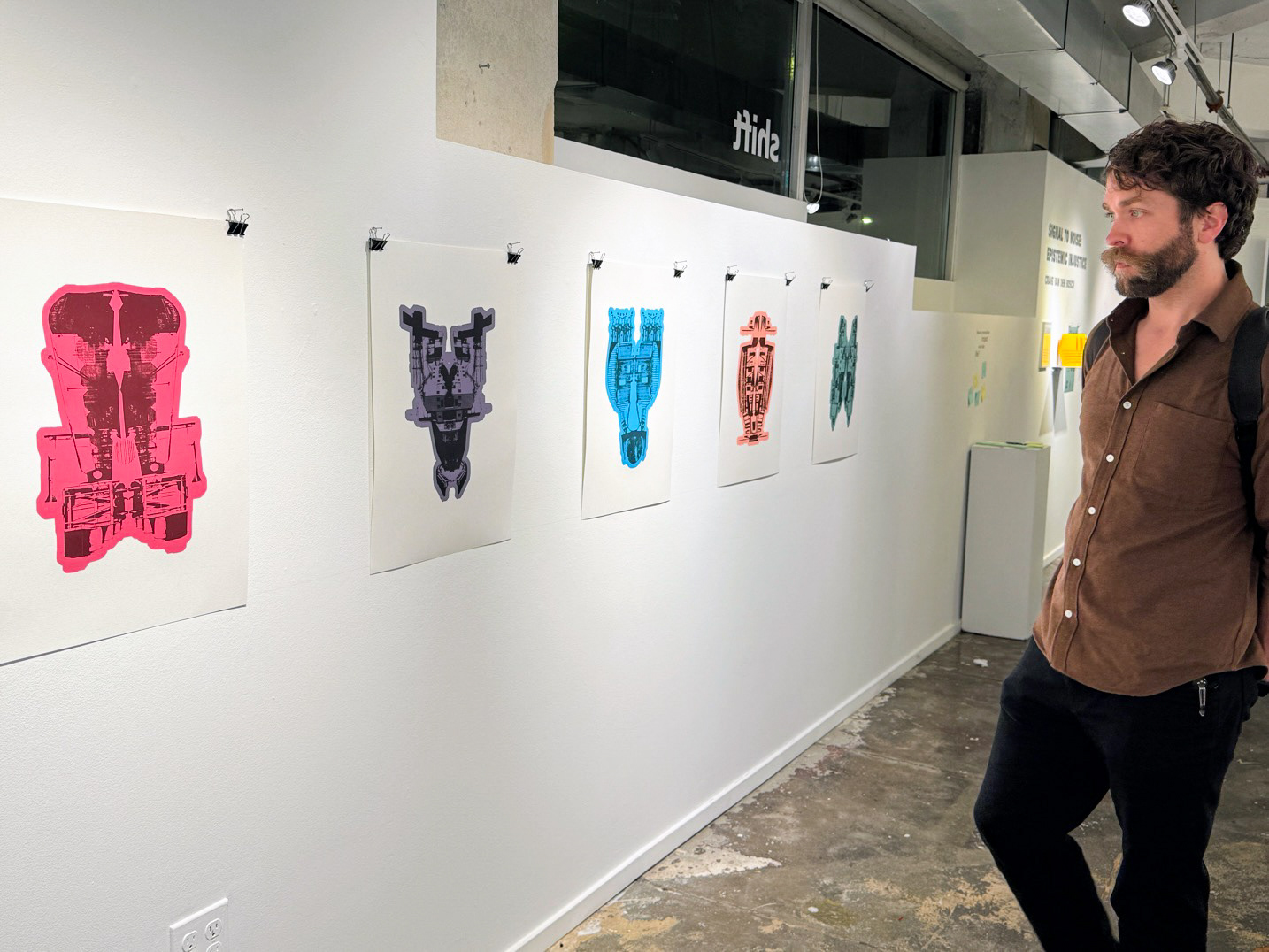 Barcode Series, installation view, 2026, ceramic vessels, vinyl icons, and photographs, documentation image, opening reception.