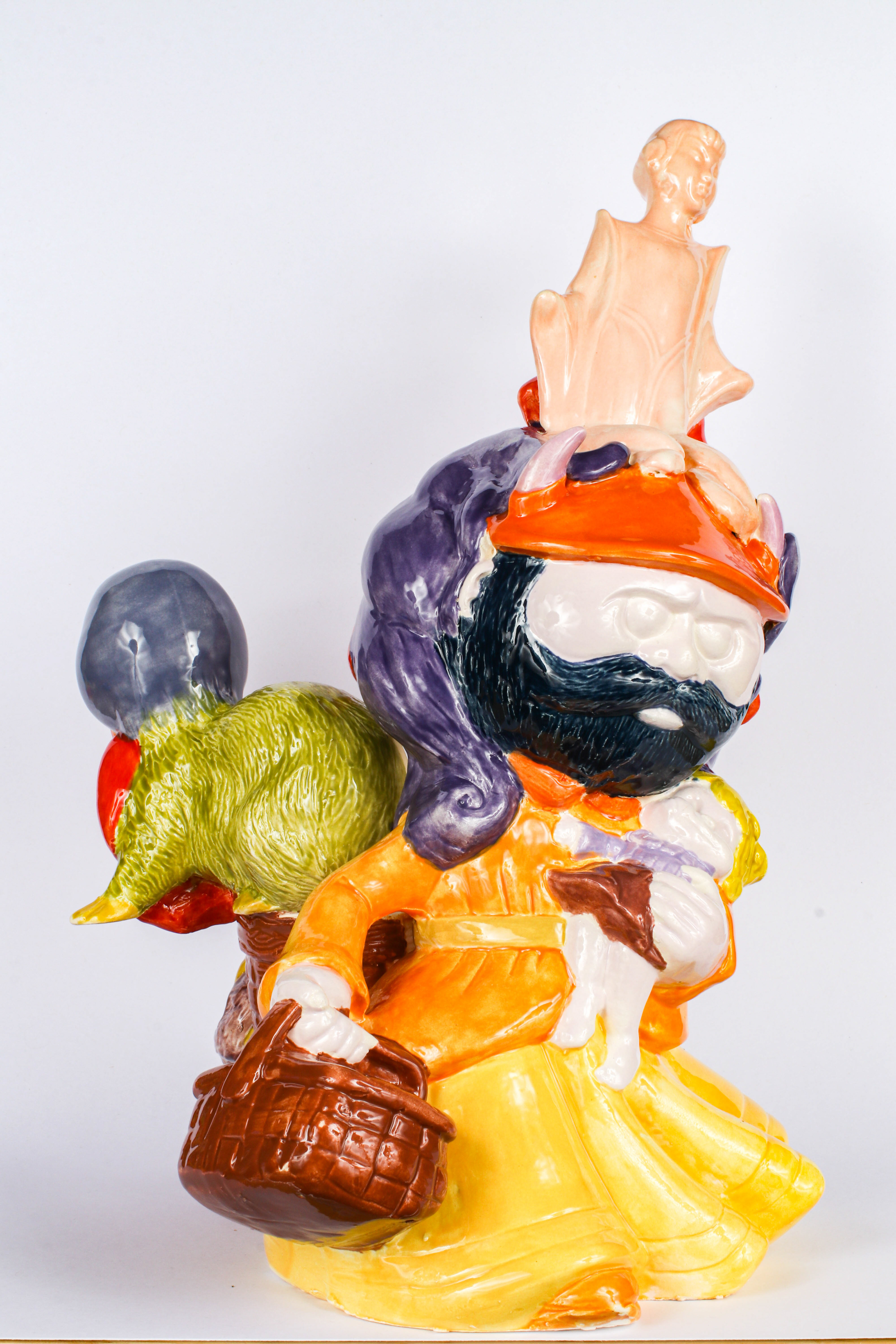 Bunny Dwarf Girl Basket Beaver Dress, 2022, slip cast porcelain, glaze, 10 x 10 x 7.5 in