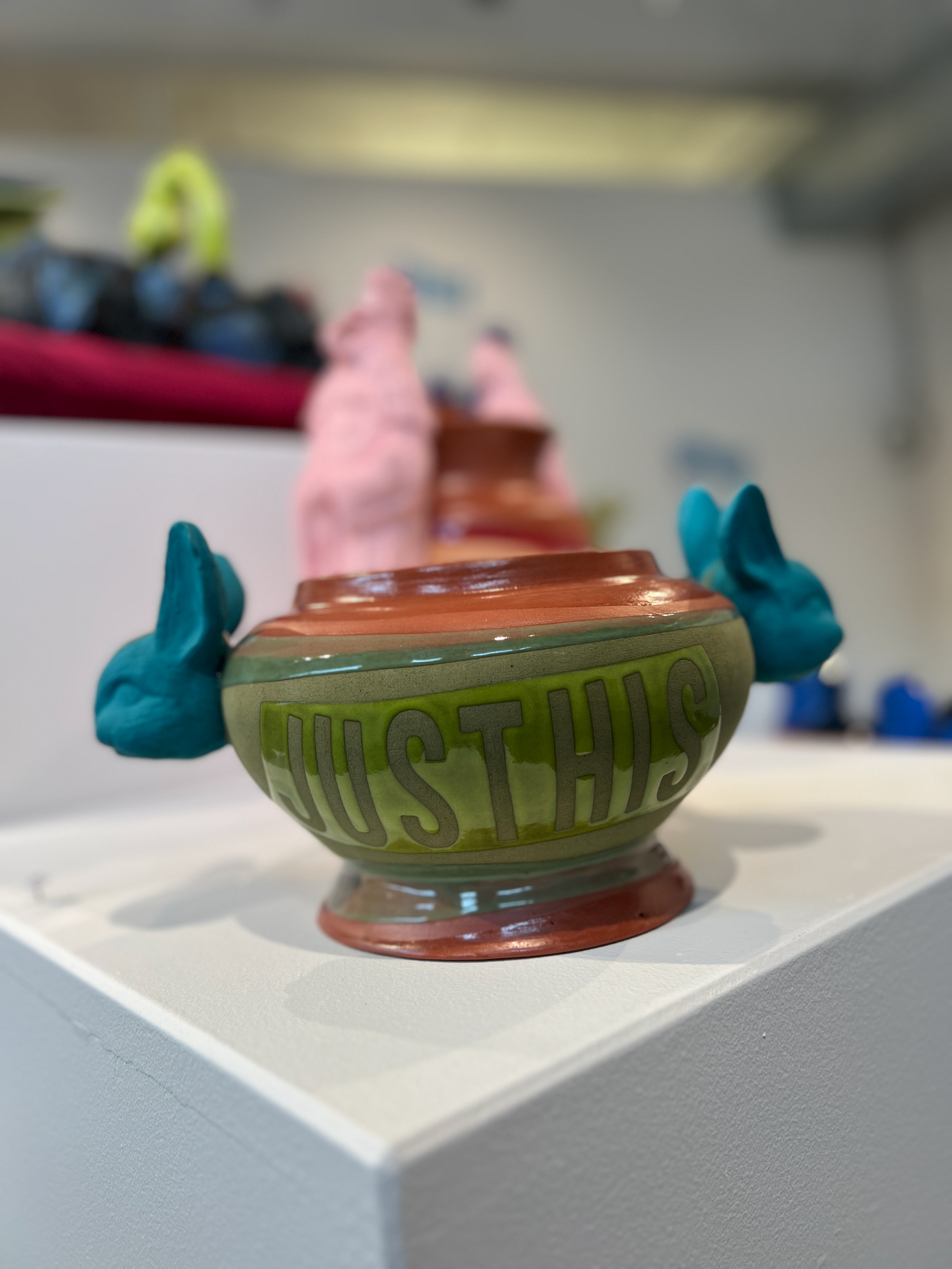 Justhis, 2024, glaze on low-fire terracotta, 11 x 9 x 6 in