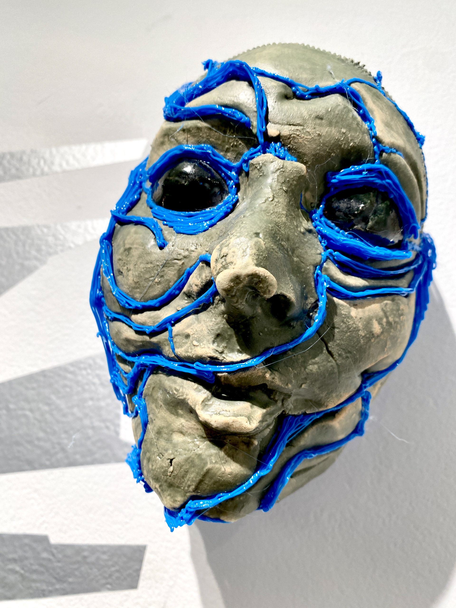  Singularity Artifacts (orbiting faces), 2022, ceramic, vinyl, glaze and PLA